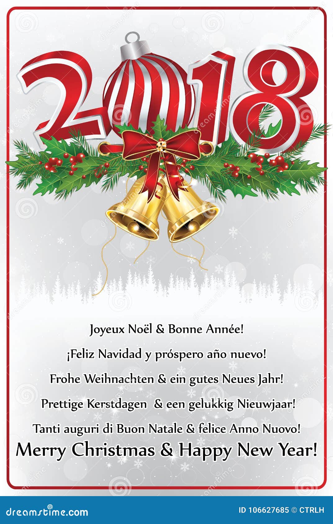 Auguri Di Natale In 4 Lingue.Buon Anno 2018 Scritto In Molte Lingue Cartolina D Auguri Progettata Per La Stagione Di Feste Illustrazione Di Stock Illustrazione Di Francese Corporativo 106627685