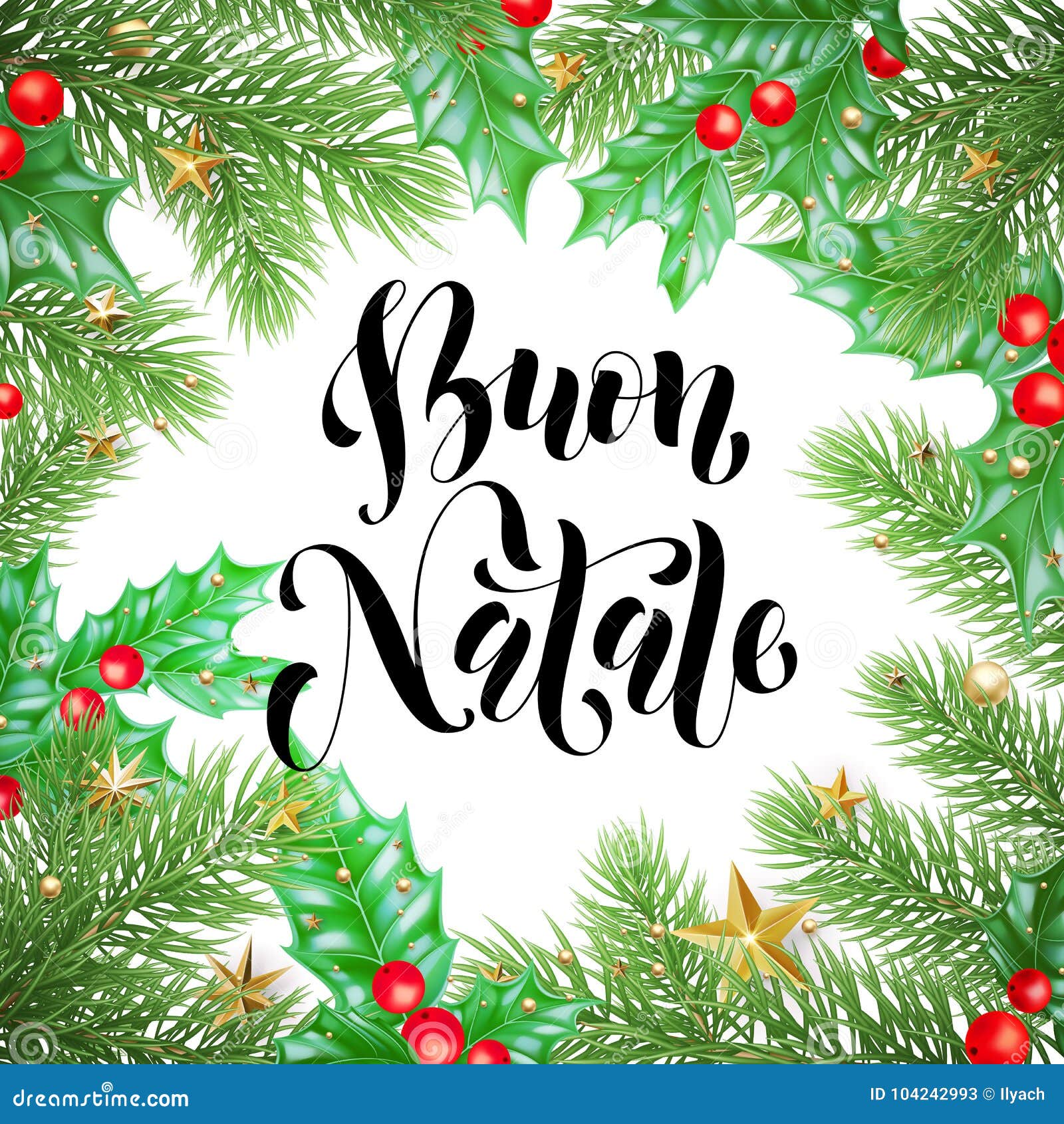 Buon Natale Wishes Italian.Buon Natale Italian Merry Christmas Holiday Hand Drawn Calligraphy Text For Greeting Card Of Wreath Decoration And Christmas Stars Stock Vector Illustration Of Holiday Decoration 104242993
