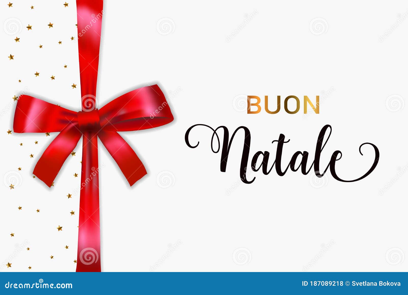 buon natale merry christmas italian typography. christmas  card with blue realistic bow and golden stars