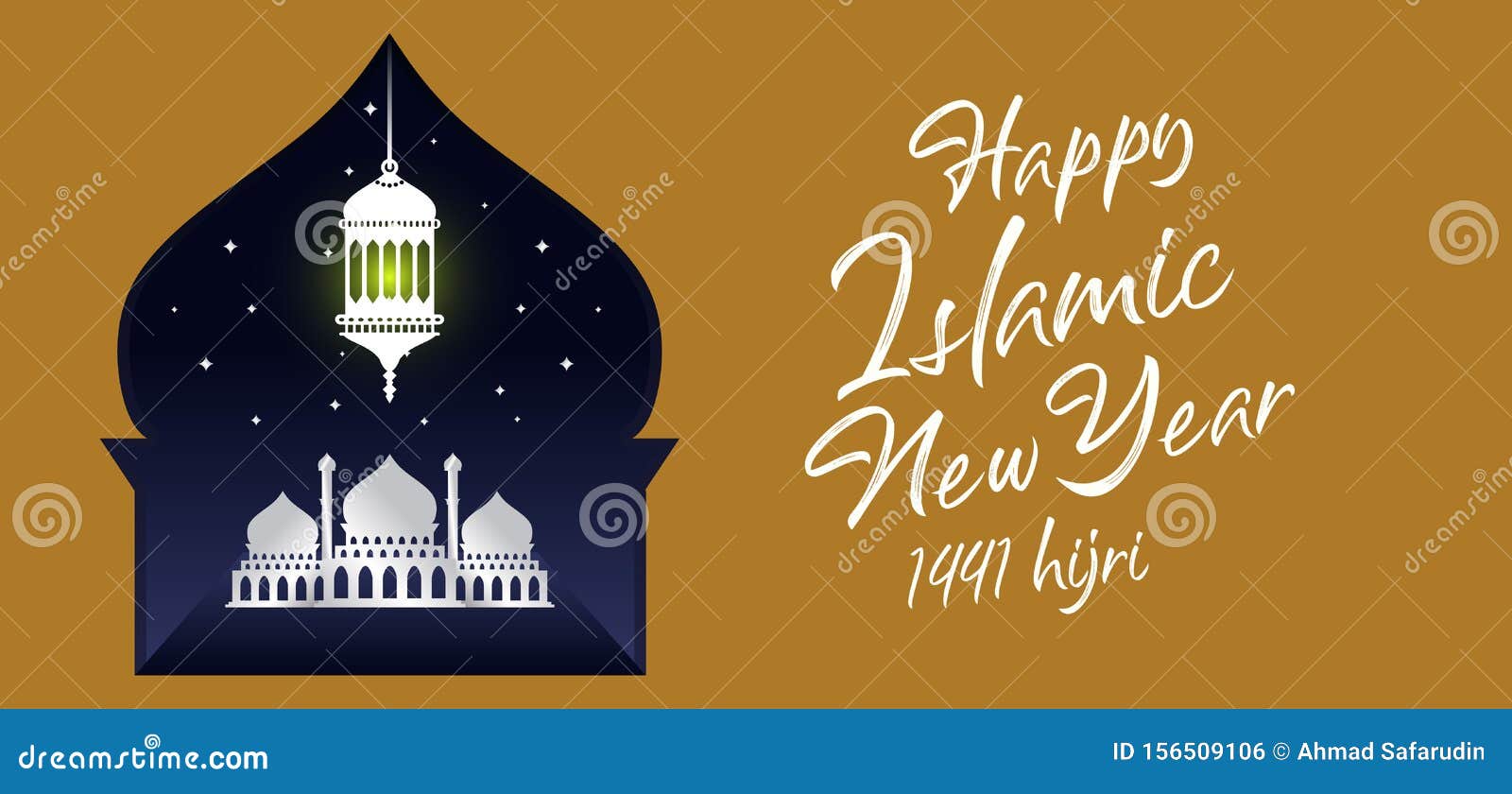 Buon nuovo stile Hijri, stile tipografico dell'anno islamico, con moschea ed elegante illustrazione vettoriale