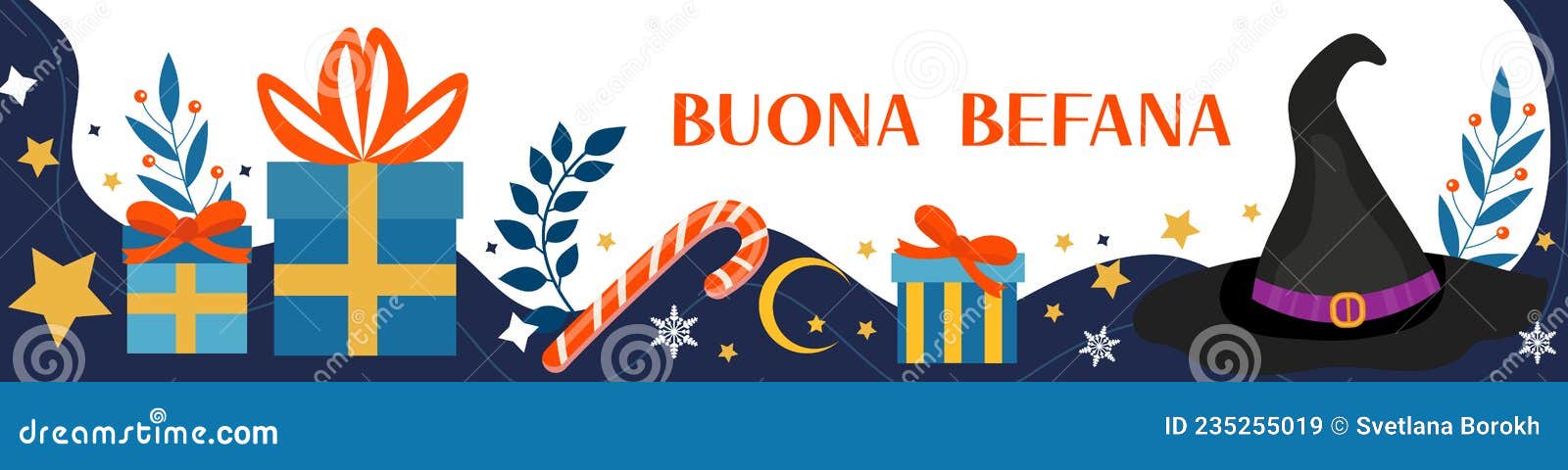 buona befana banner mean happy epiphany christmas tradition in italy witch hat and christmas accessories template for