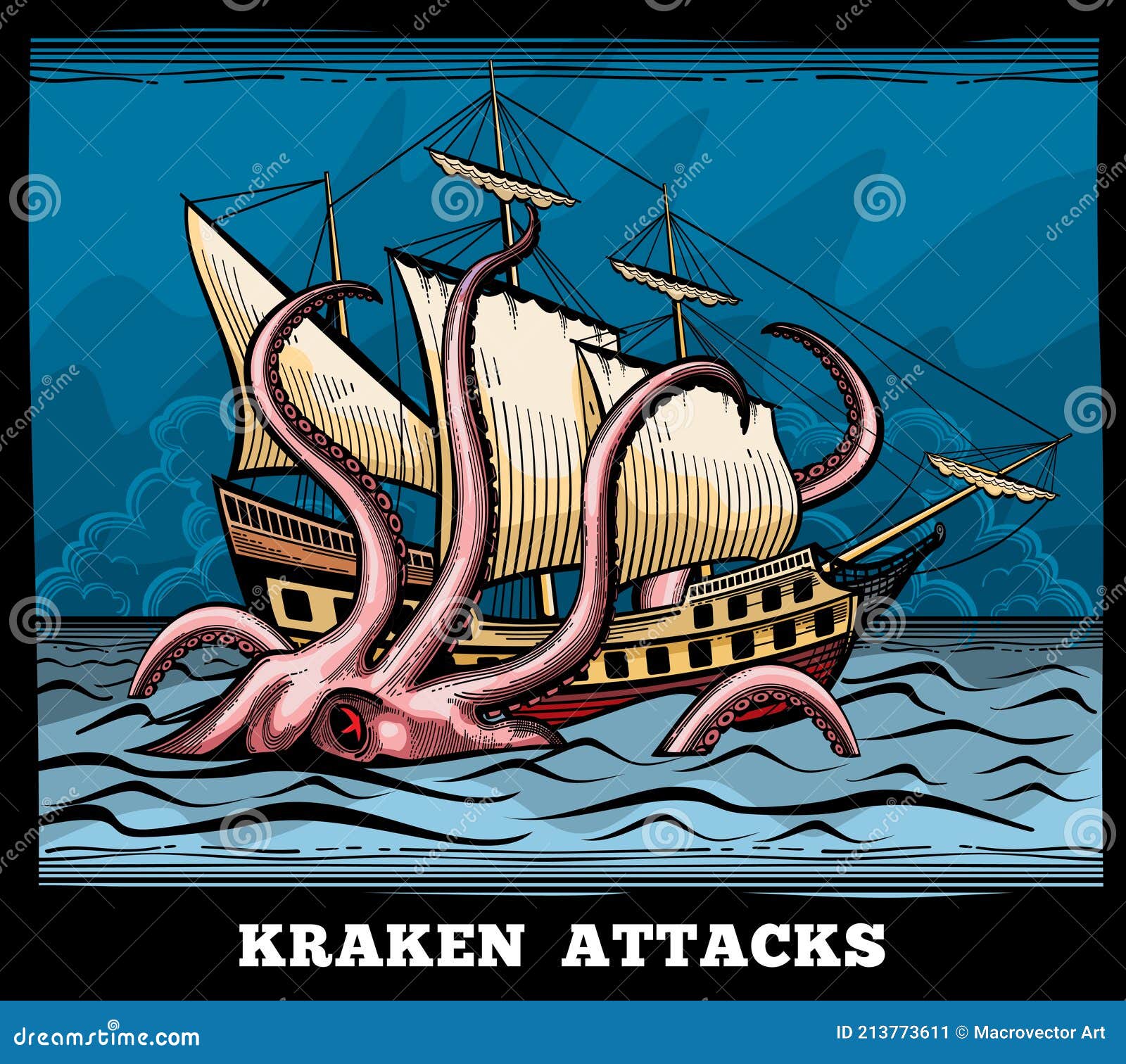 Buque De Vela Y Kraken Monstruo Pulpo Vector Logo En Estilo De Dibujos  Animados Ilustración del Vector - Ilustración de peligro, cubo: 213773611