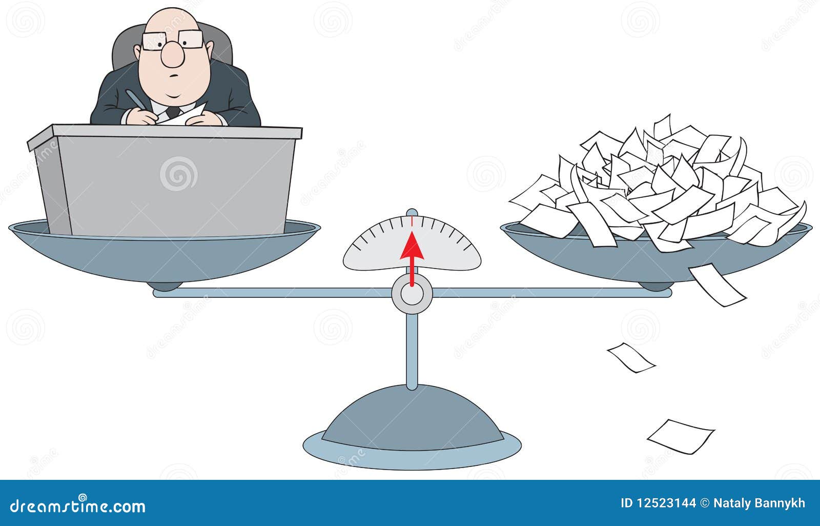 bureaucrat on the scales with the pile of paper