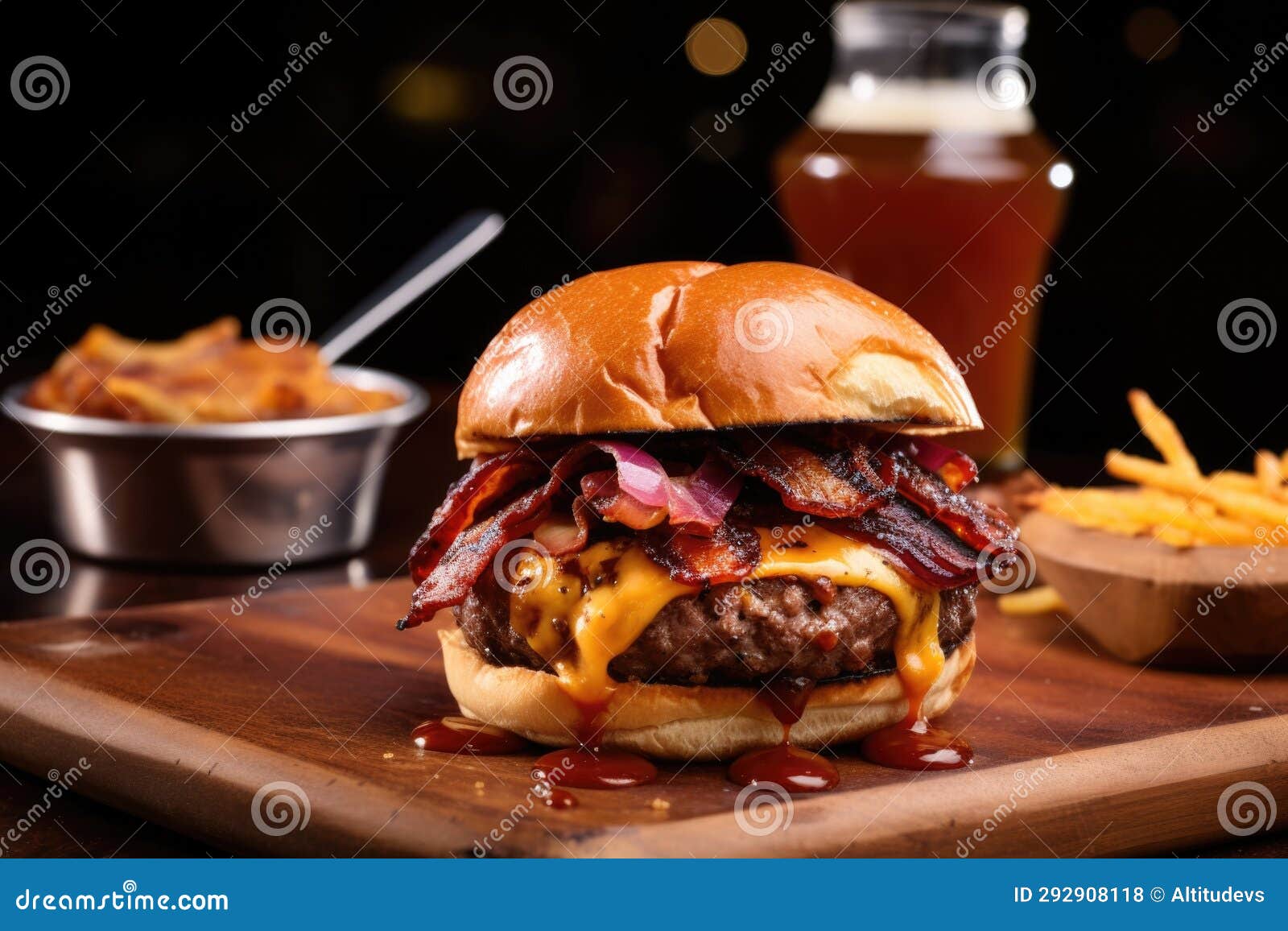 A Burger with Bacon, Cheddar Cheese and Barbecue Sauce Stock Photo