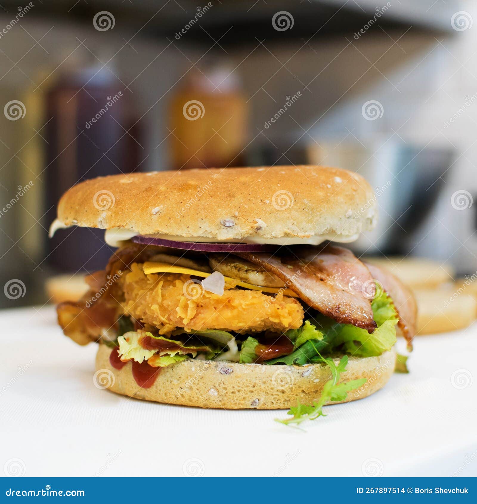 Burger with Bacon and Chicken Stock Photo - Image of cheeseburger