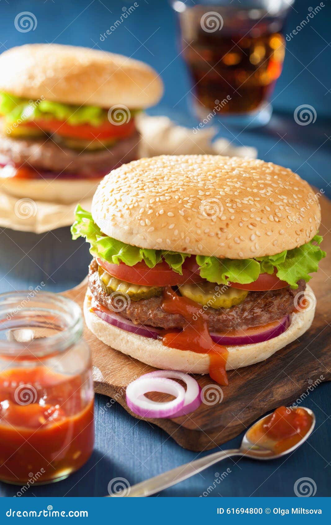 Burger with Beef Patty Lettuce Onion Tomato Ketchup Stock Photo Image