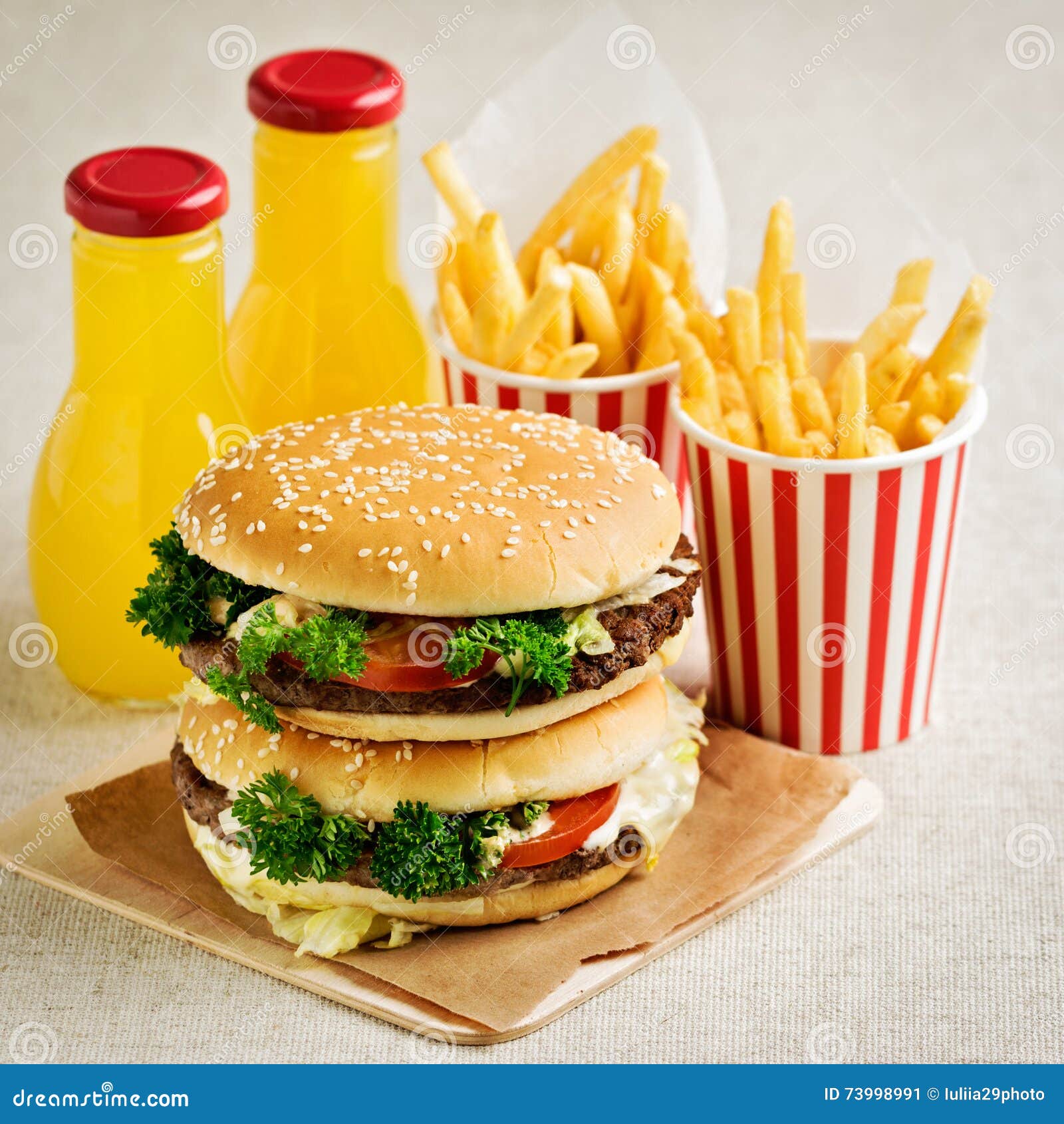 Burger with Beef, Tomato and Herbs. Fries and Juice Stock Image Image of fresh, bread 73998991