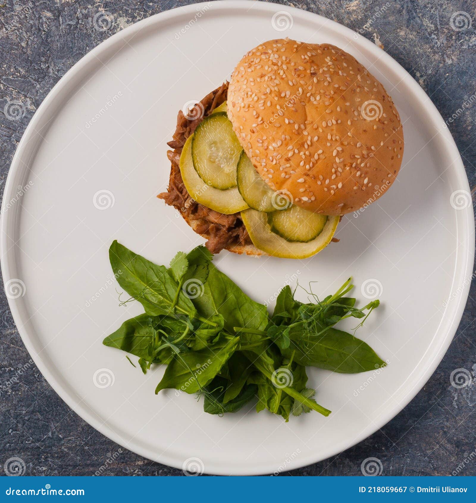 Burger with Boiled Beef, Zucchini and Pickle. Top View Stock Image