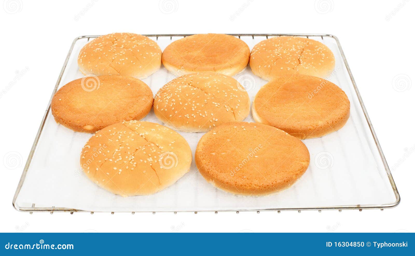 Burger buns on baking tray stock photo. Image of white 16304850