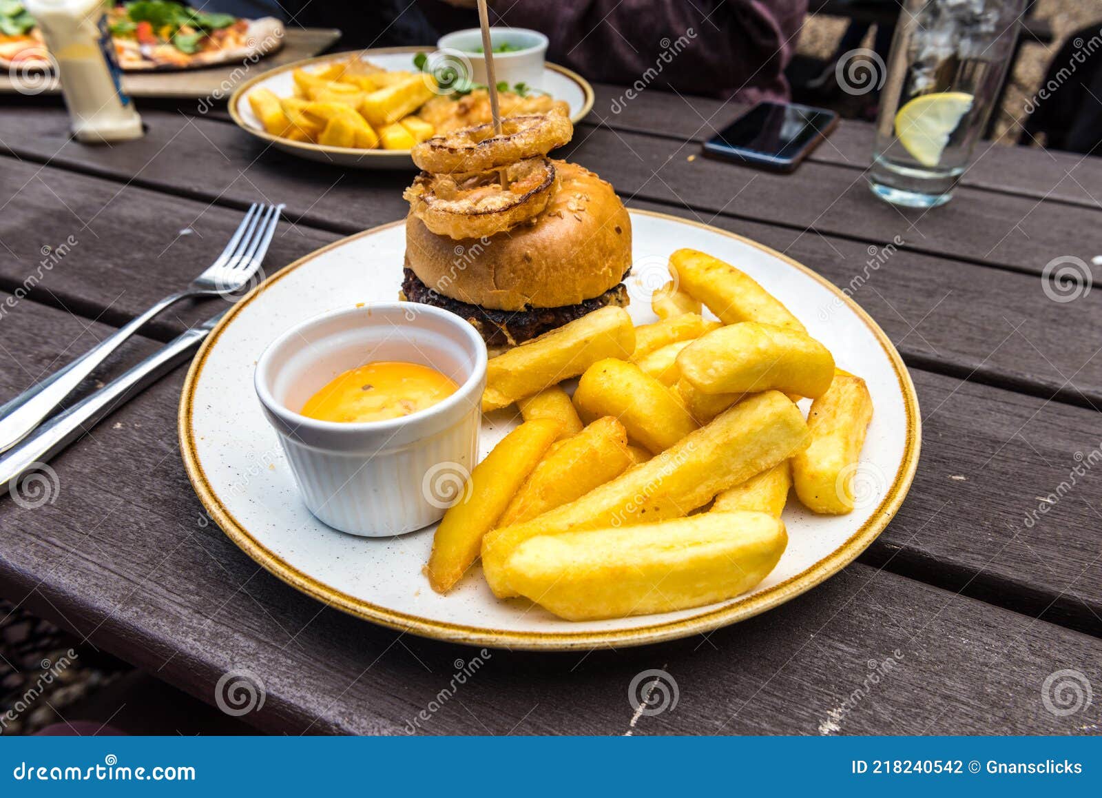 Burger and Chips in Pub stock photo. Image of lunch 218240542