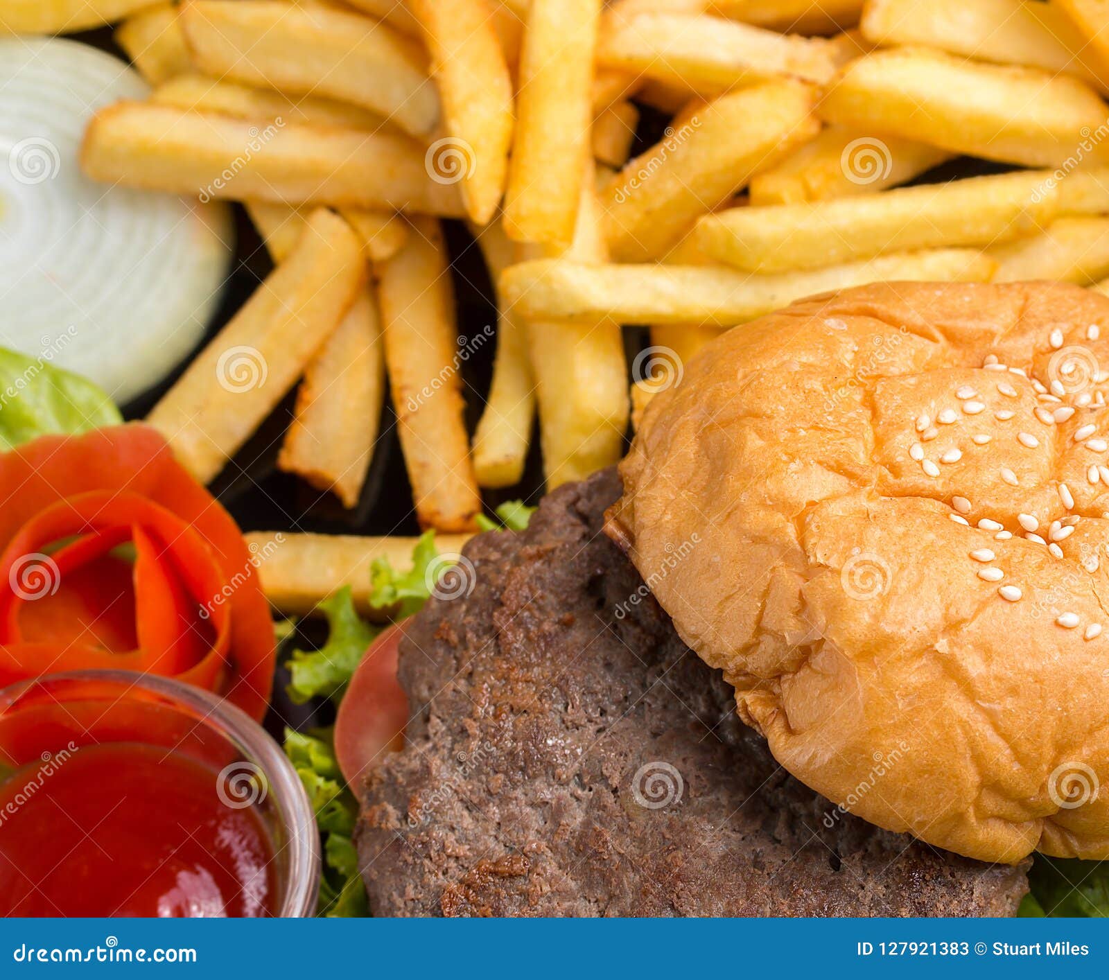 Burger and Chips Shows Ready To Eat and Cholesterol Stock Image Image