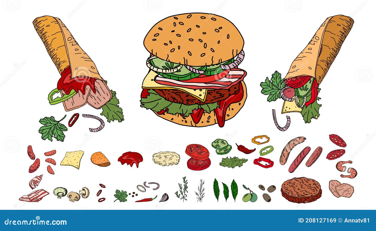 Premium Vector | Vector hand sketch with color of burger and components