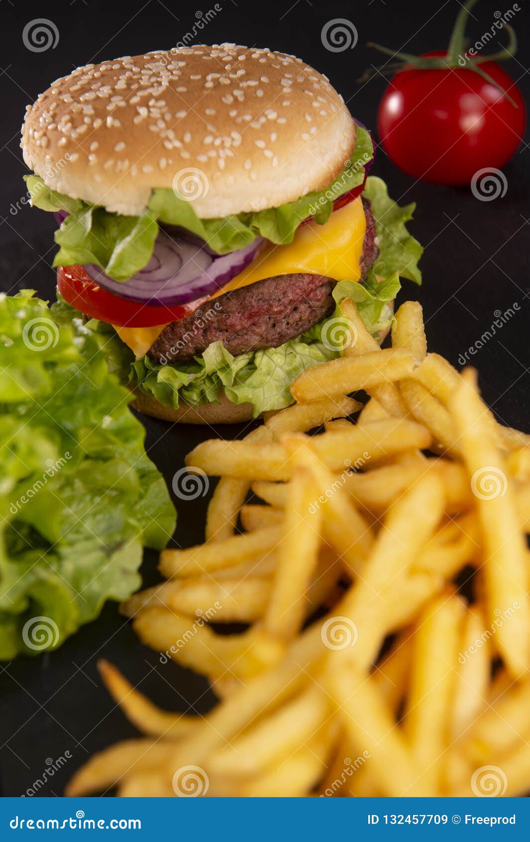 Burger With French Fries Cutlet With Cheese And Tomato Stock Image