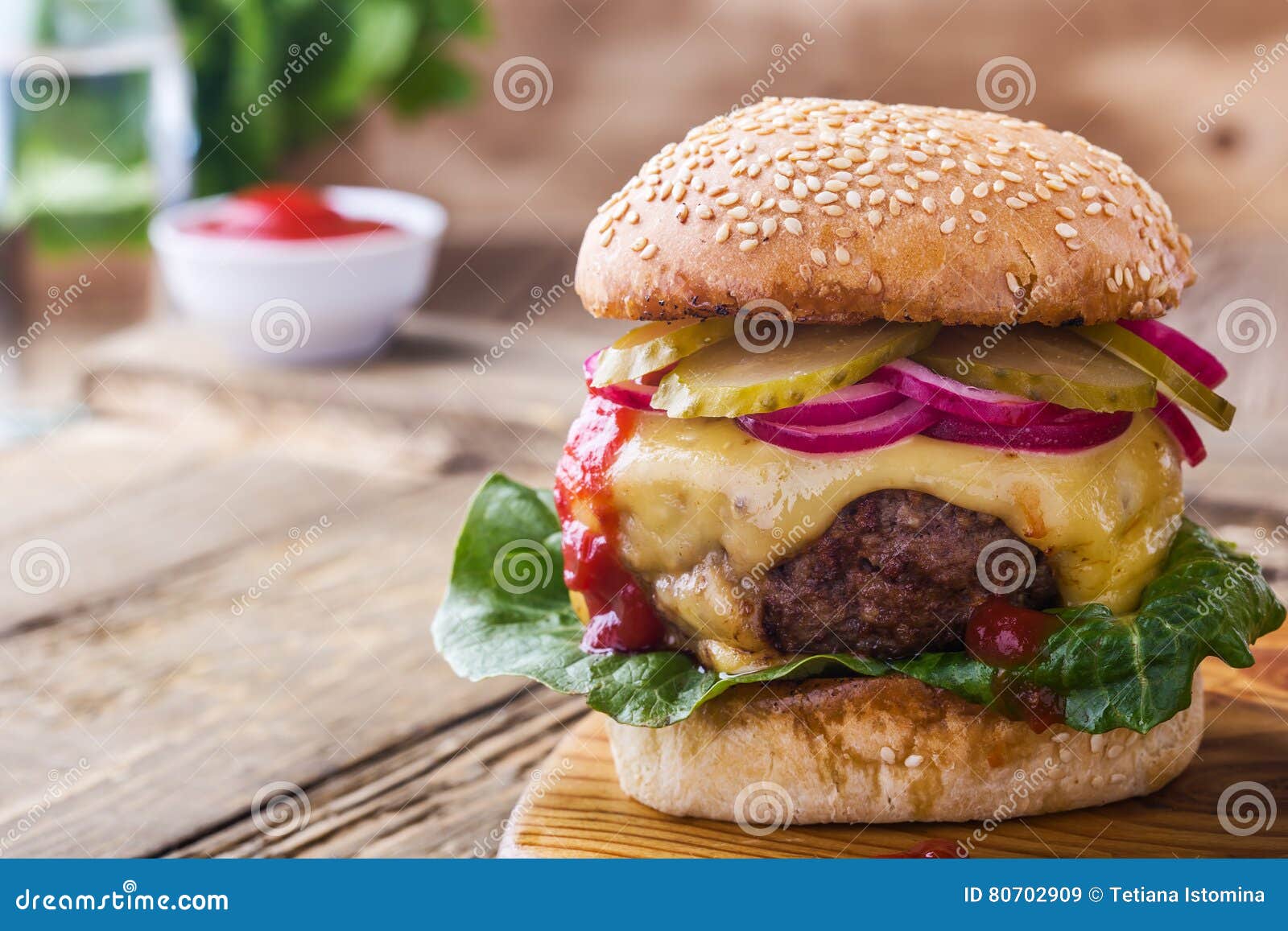Burger with Gherkins, Red Onion and Lettuce Stock Image - Image of ...