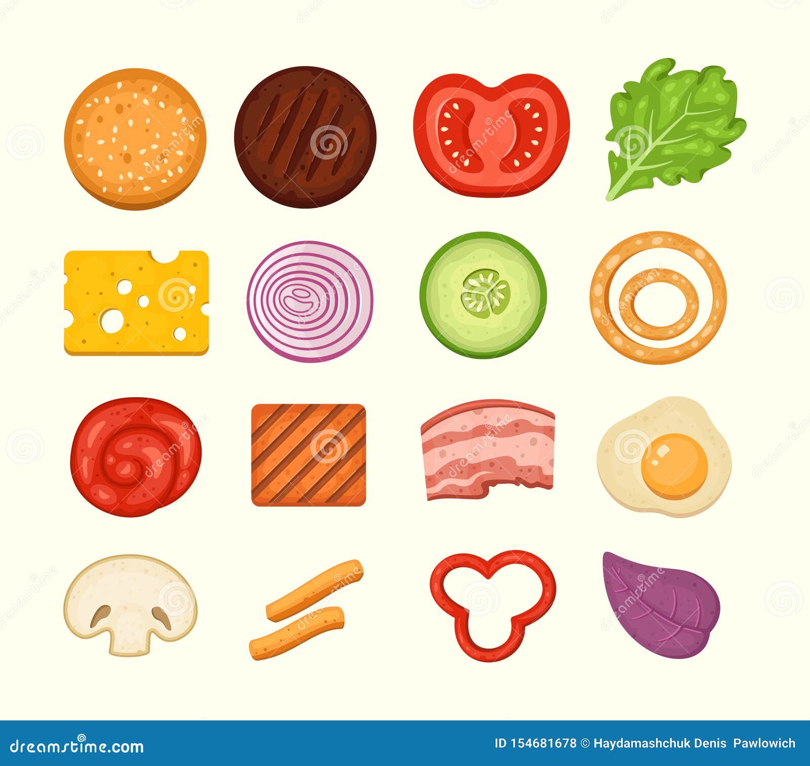 burger ingredients set of  icons in midern cartoon style. burgers constructor top view, cheeseburger parts