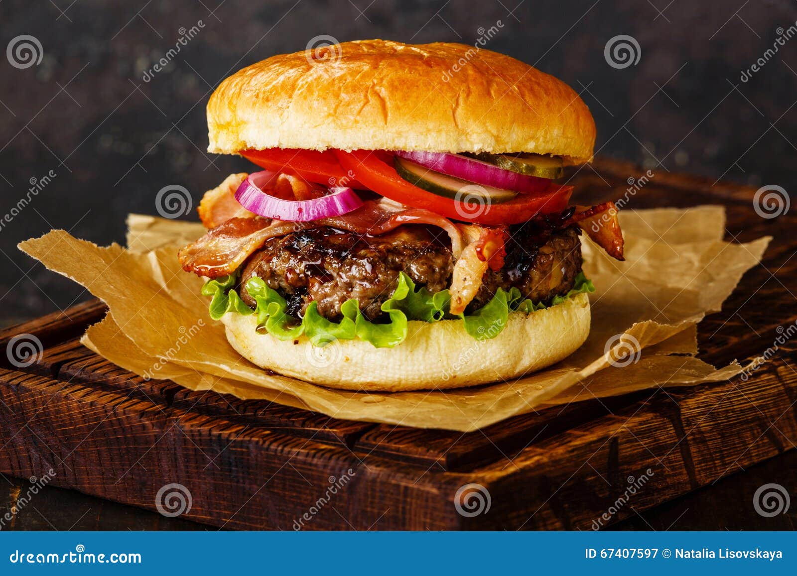Burger with meat and bacon stock image. Image of fast - 67407597