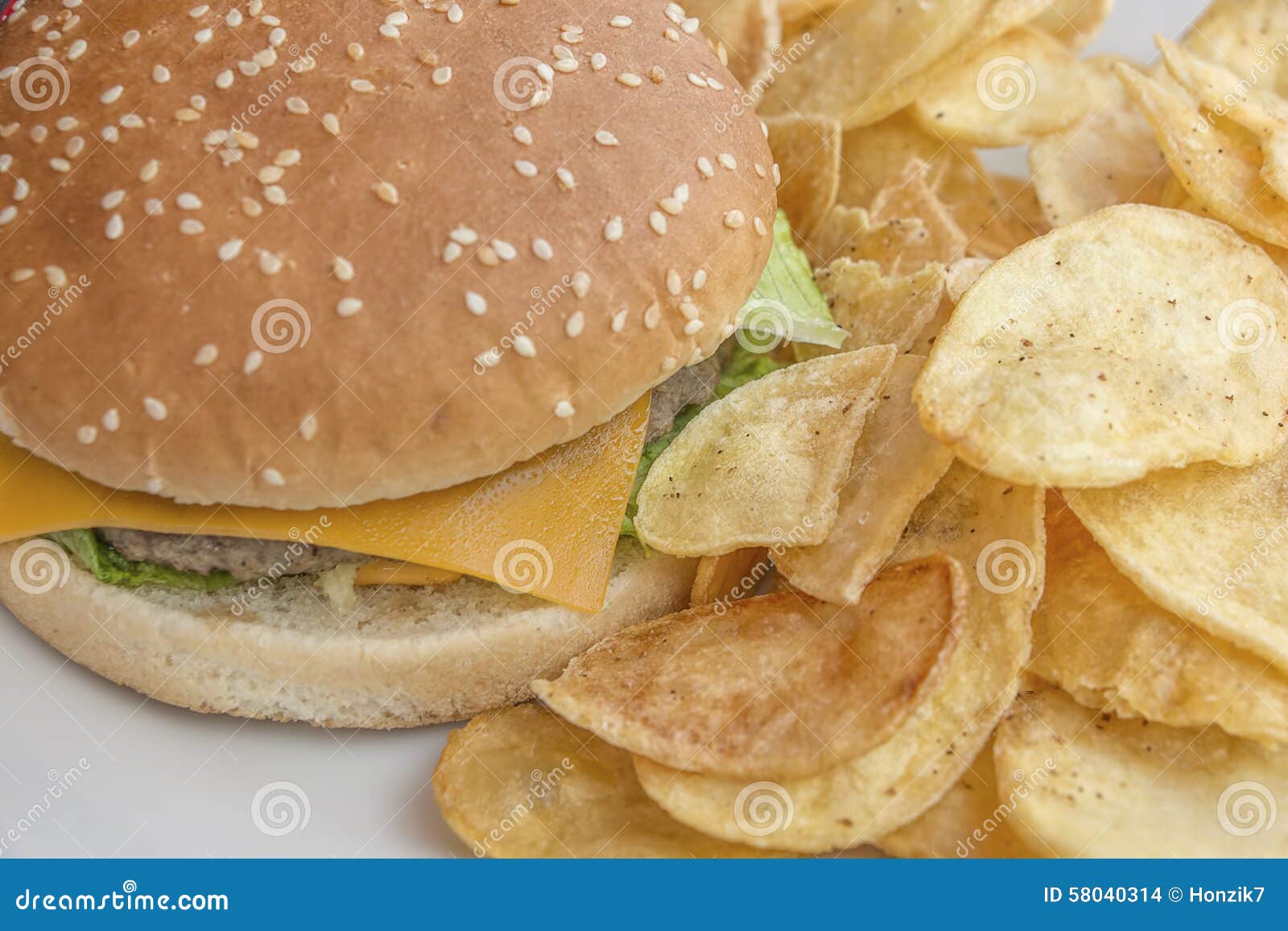 Burger with potato chips stock photo. Image of fast, food 58040314