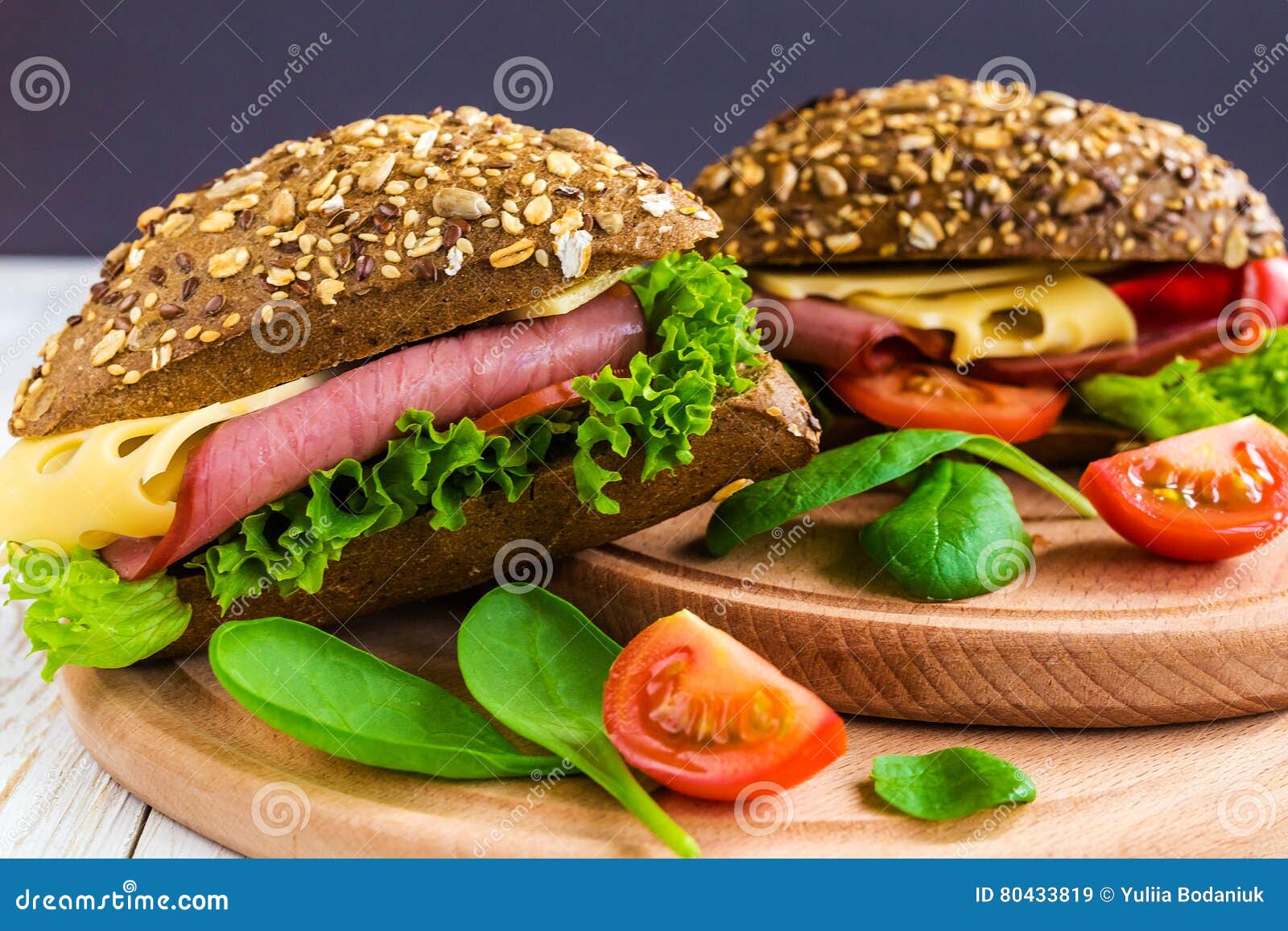 Burger Sandwich with Ham, Cheese, Tomatoes and Lettuce Stock Image