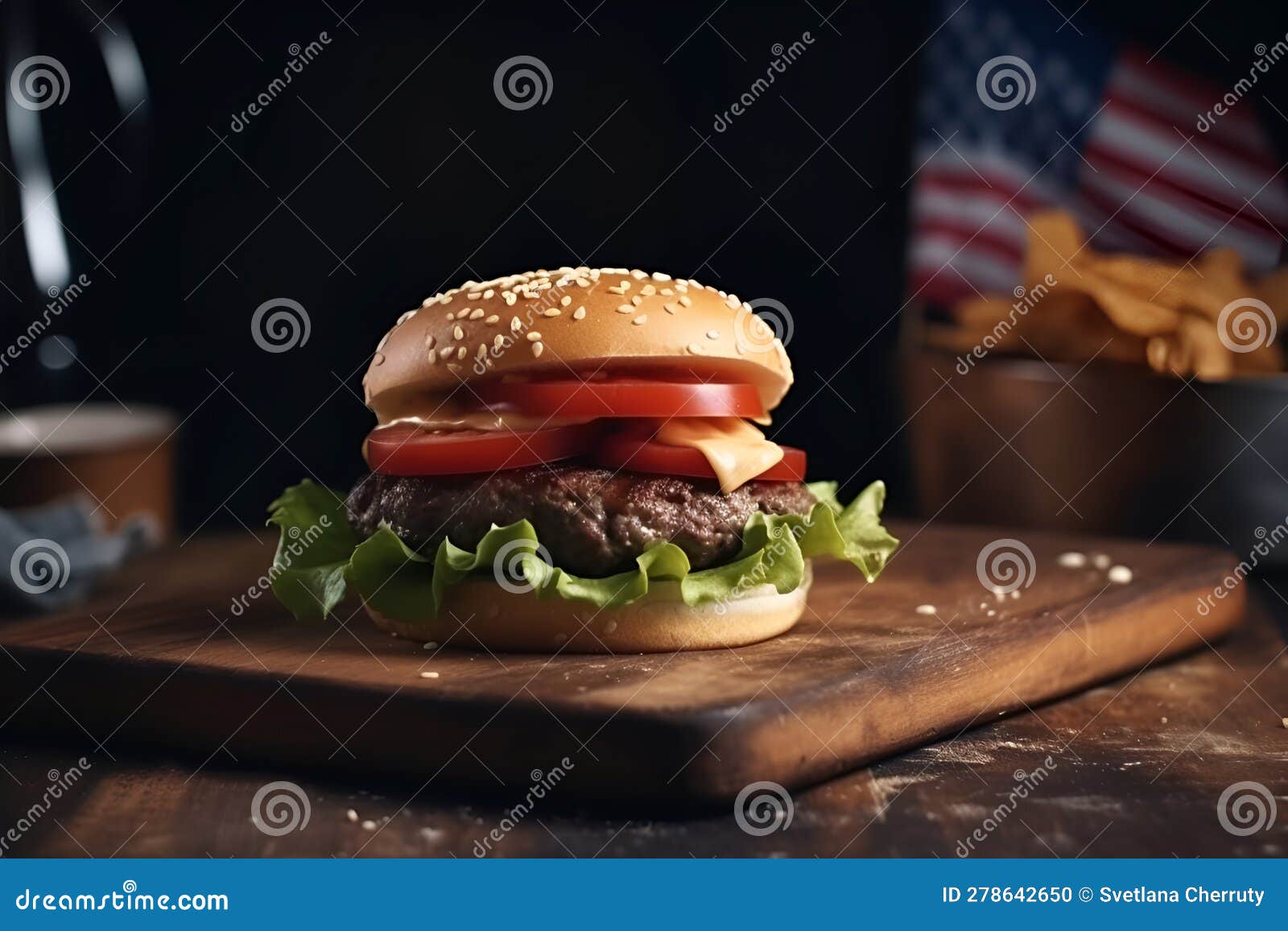 Hamburger, Frites Et Bière Avec Drapeau Américain Sur Fond. Image