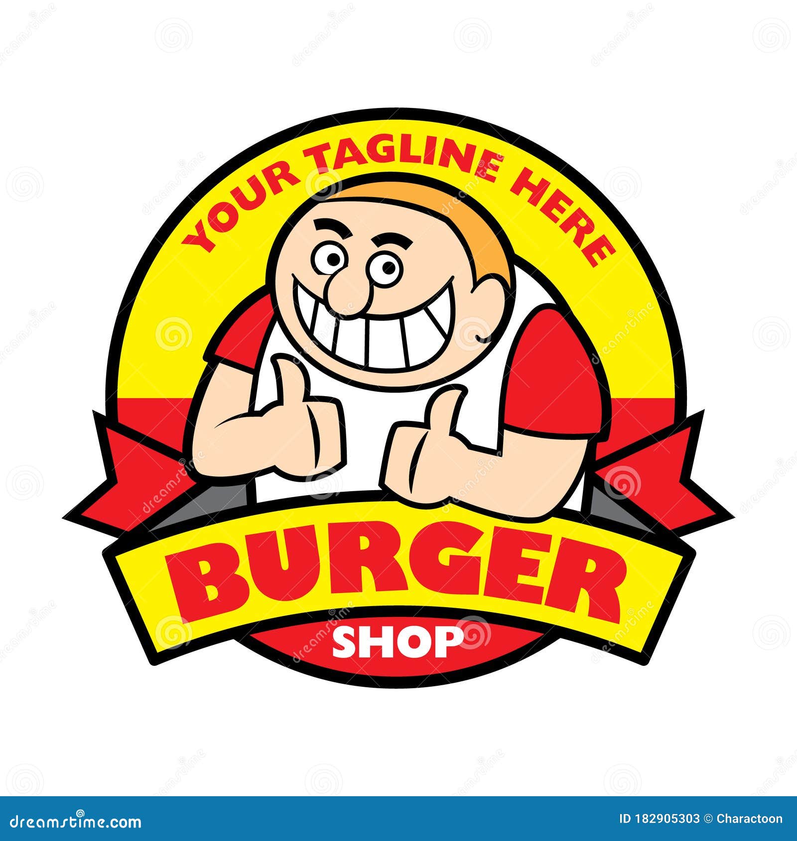 Burger Shop Business with Shop Name. Cartoon Smiling Fat Man with Big Teeth  Show 2 Big Thumb Ups Stock Vector - Illustration of food, hand: 182905303