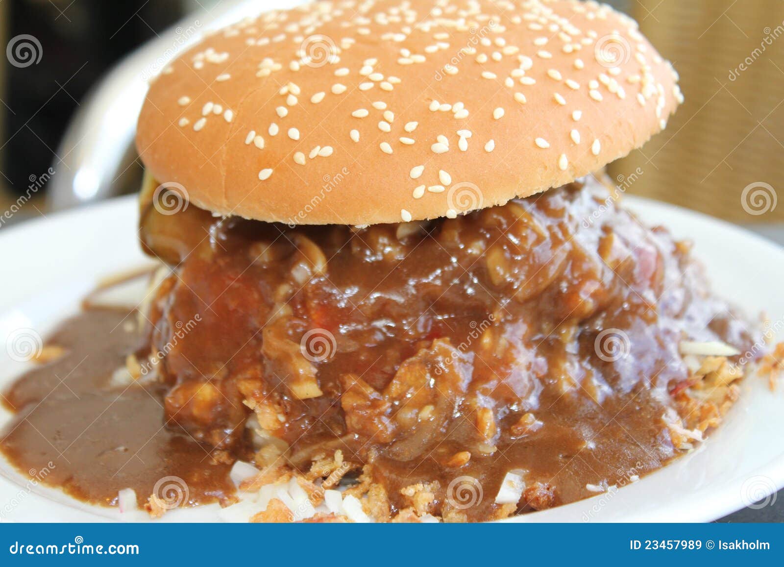 Burger with too much gravy stock image. Image of pickle 23457989