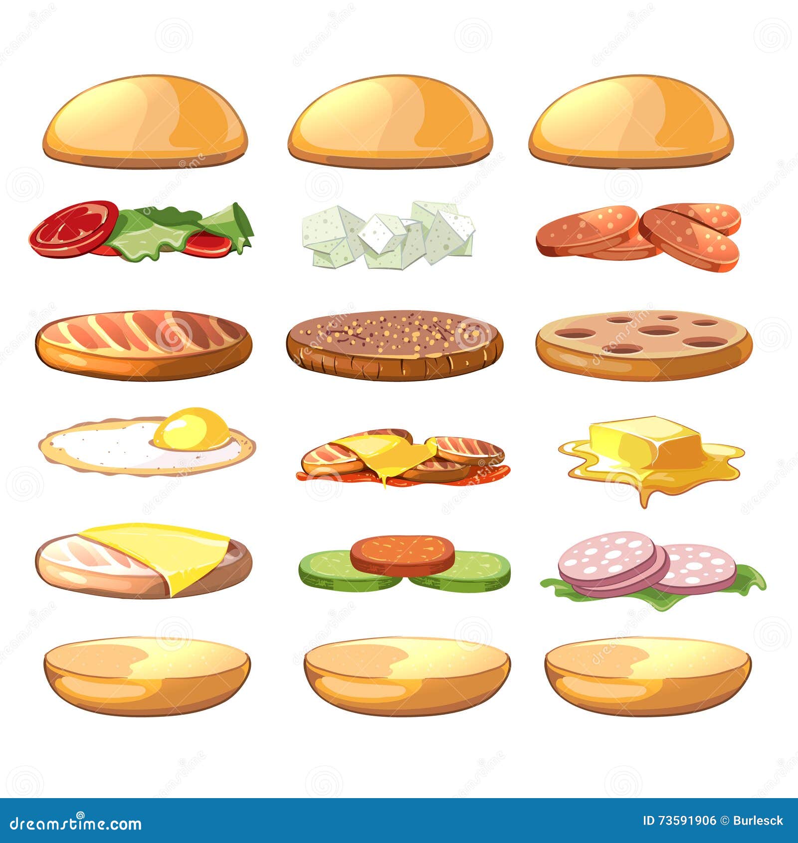 burgers ingredients.  fastfood set in cartoon style