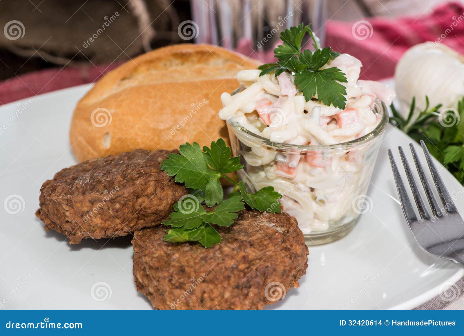 Burgers with Pasta Salad stock photo. Image of closeup 32420614