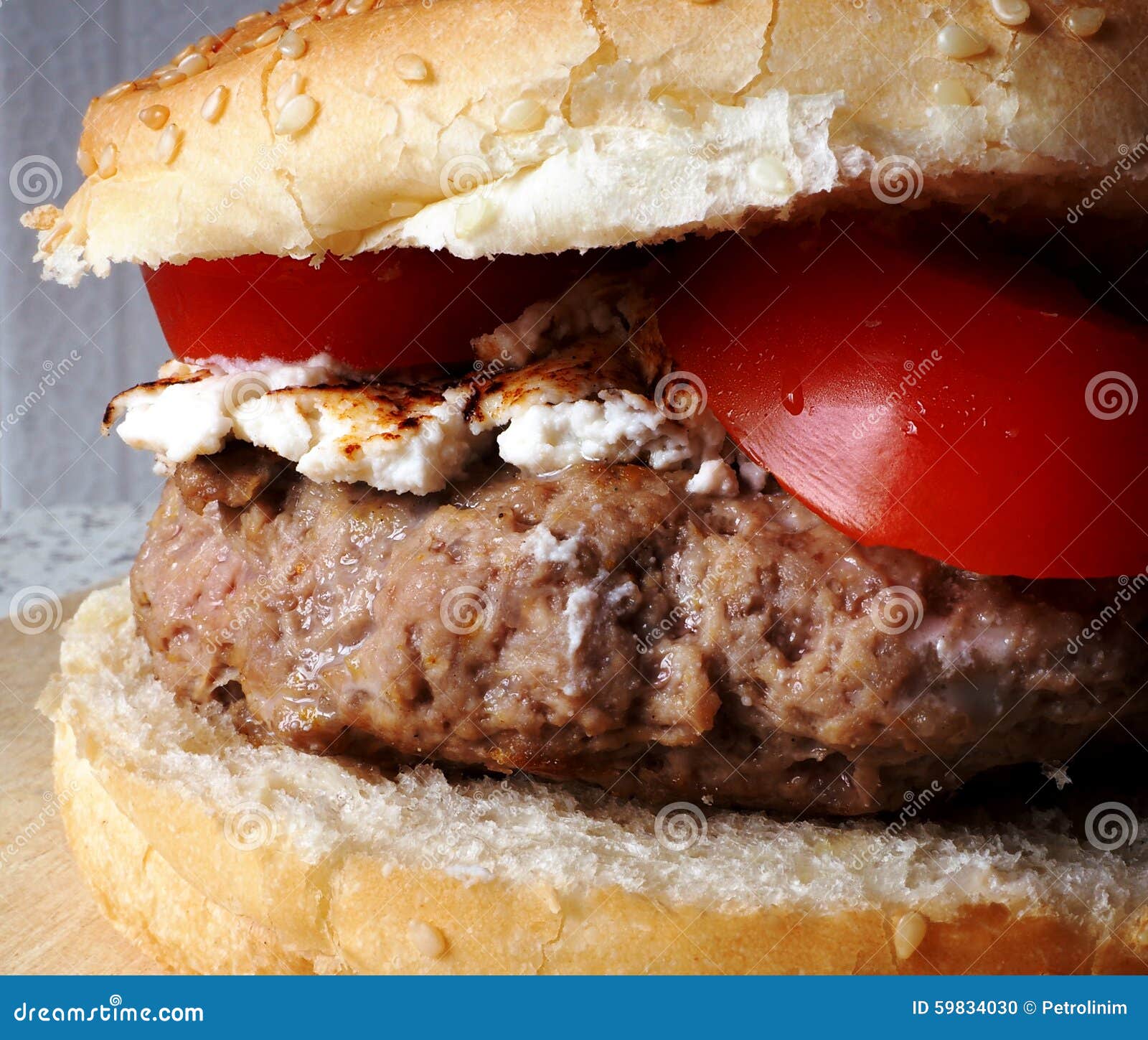 Hamburger, Ricotta and Tomato Stock Photo Image of wooden, sesame