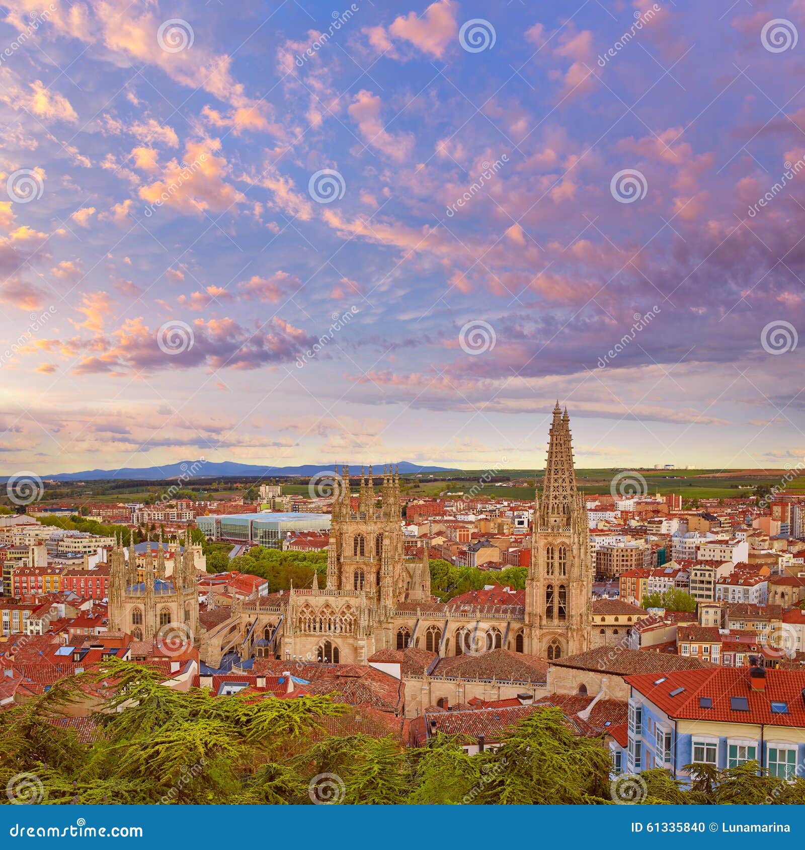 burgos aerial view skyline sunset with cathedral