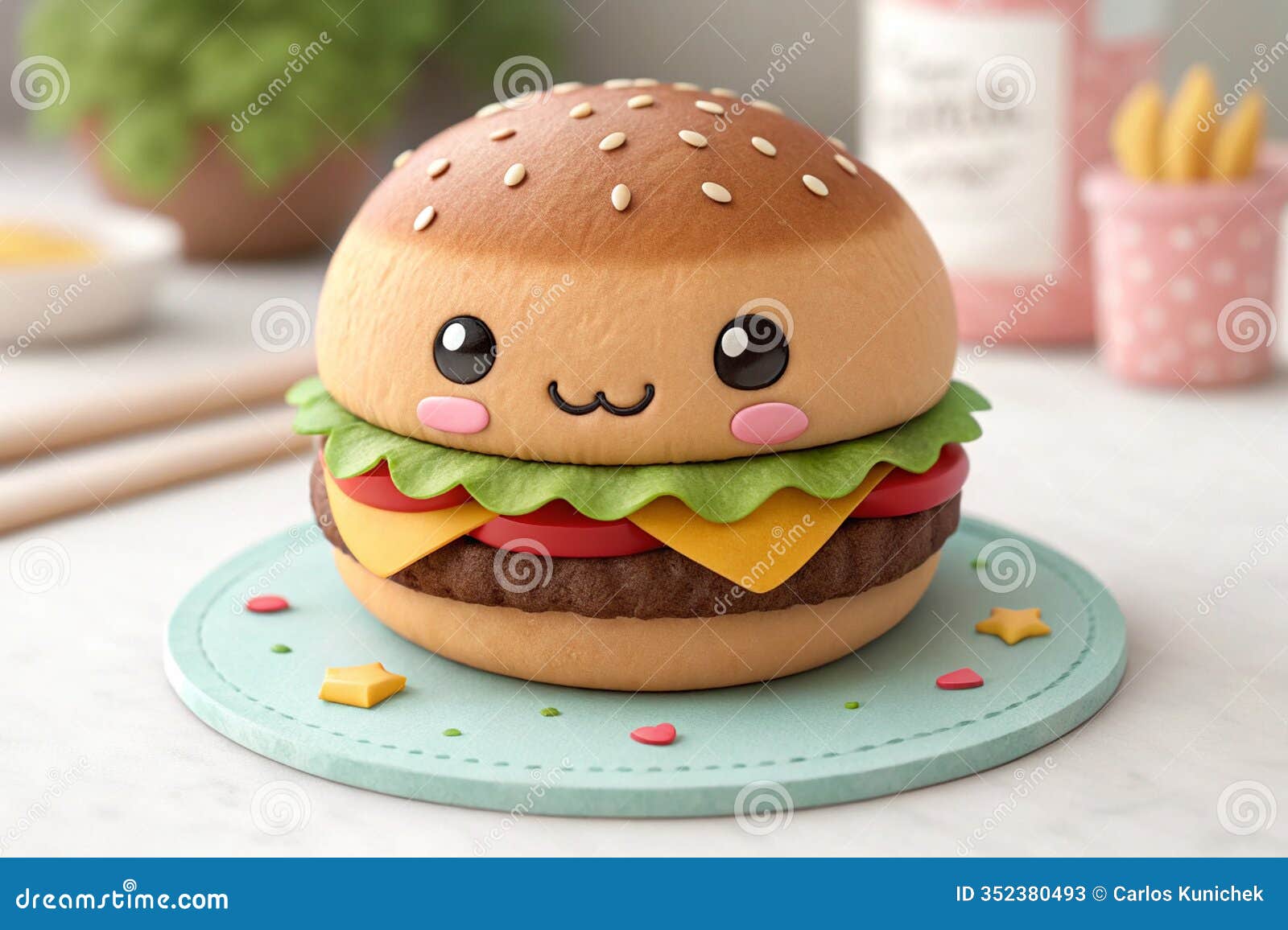 burguer, in the 3d  style, cute, kawaii character  with on a simple background, a high resolution detailed