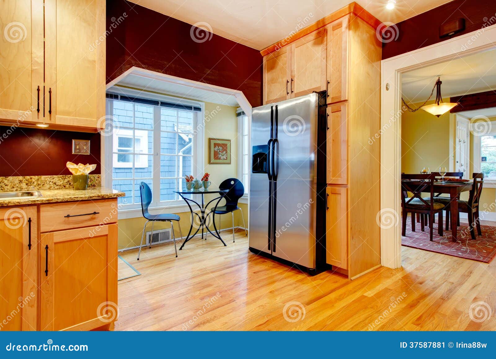 Burgundy Kitchen Room with Dining Area Stock Image Image of interior
