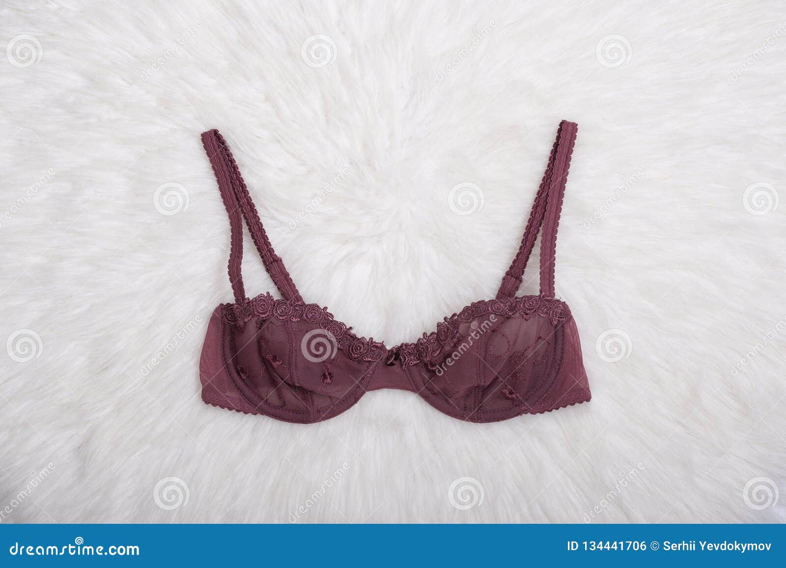 Burgundy lace bra in female hand. Fashion concept Stock Photo by