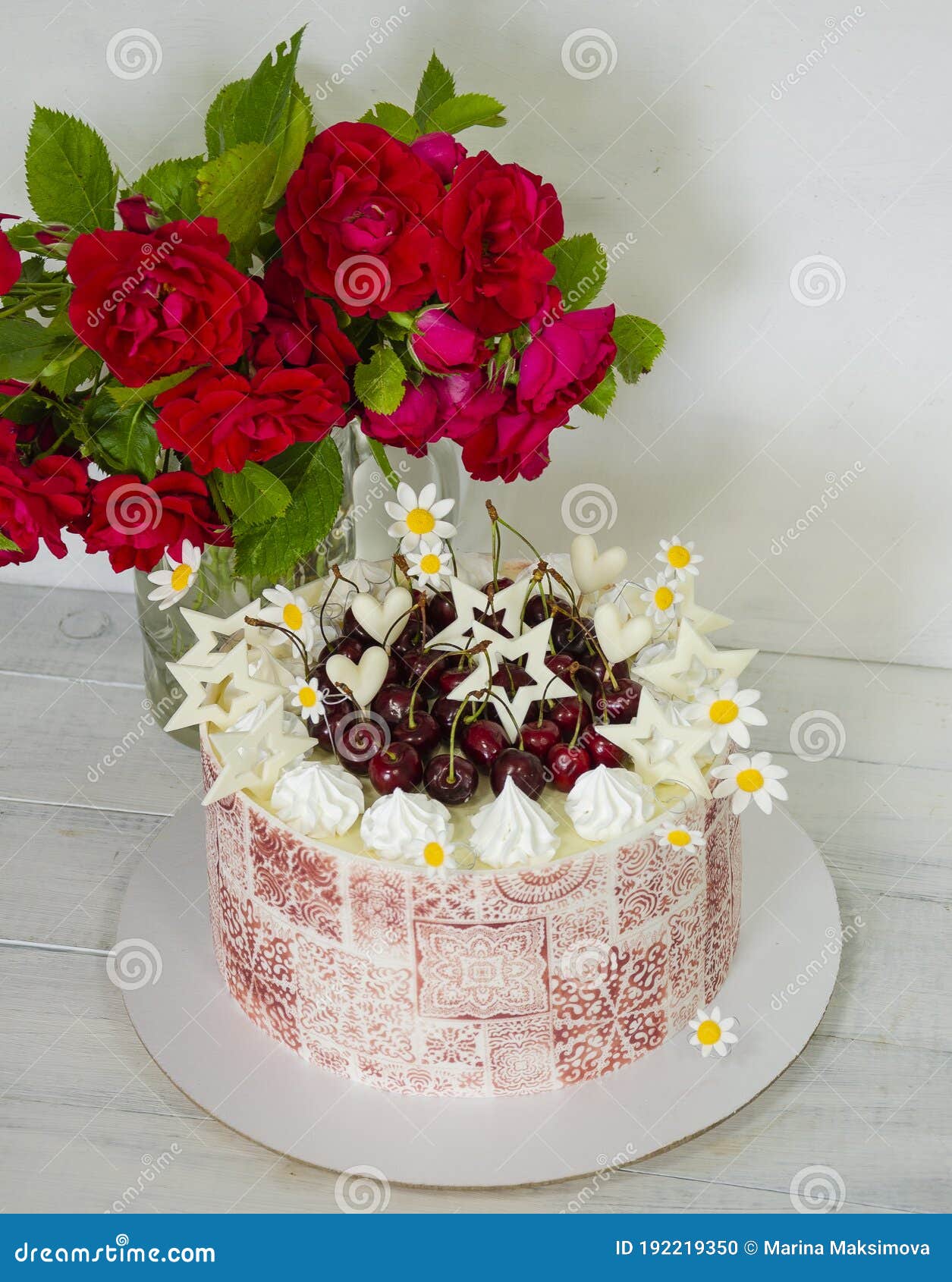 Burgundy Stencil Cake with Roses for 30th Anniversary Stock Photo