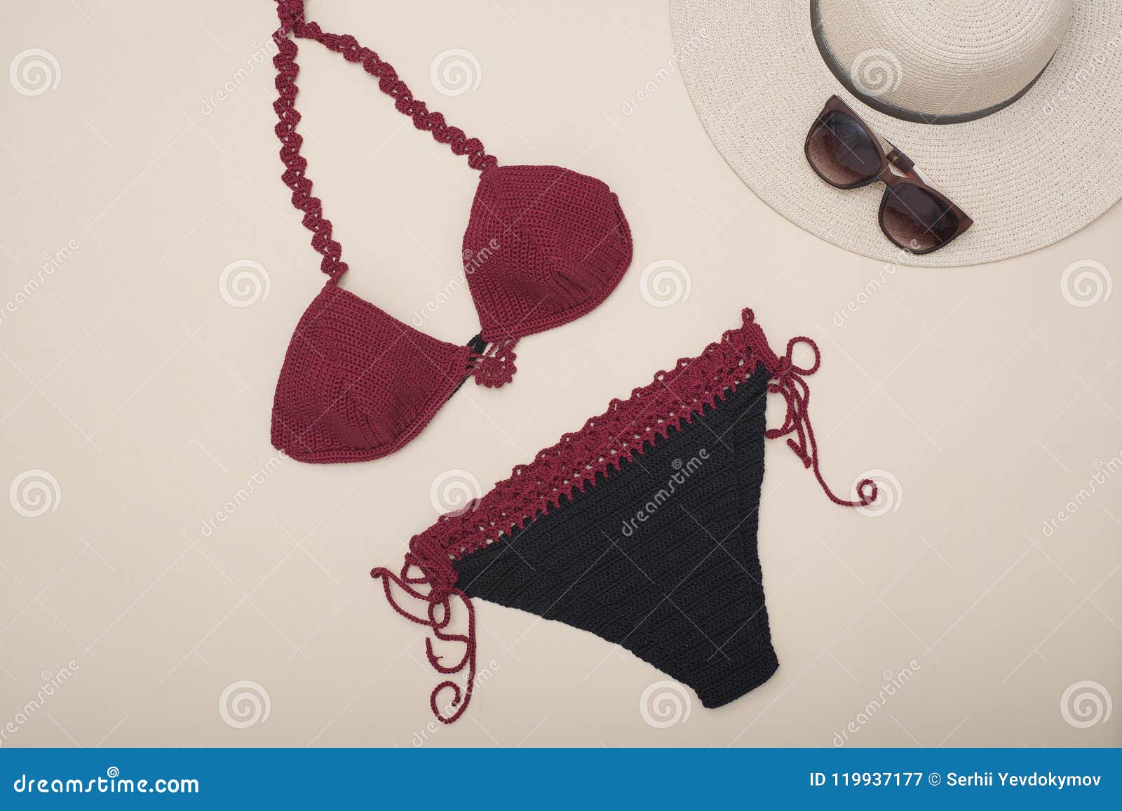 Burgundy Swimsuit, Hat and Sunglasses. Beach Wardrobe Stock Image ...