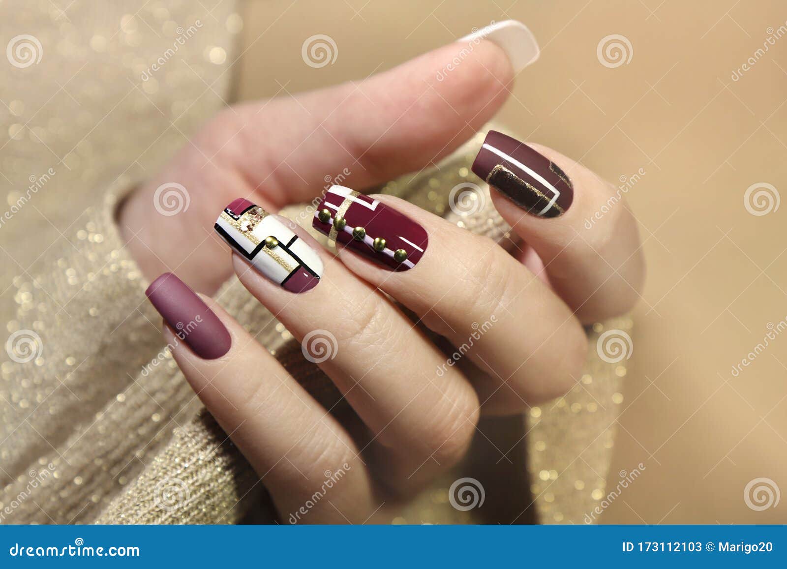 burgundy white design long nails golden lines fashionable matte glossy nail art 173112103