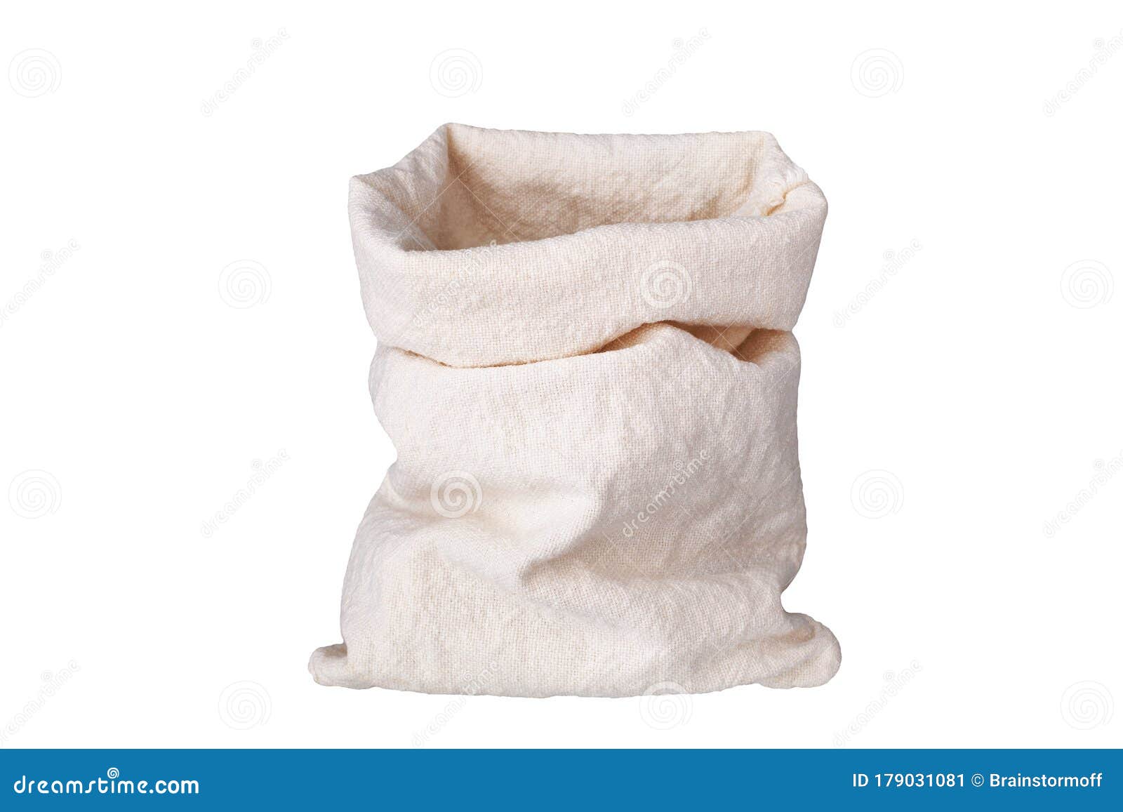 burlap sack on white background  close up, rough rustic full linen pack, empty beige canvas bag, one open bagging textile