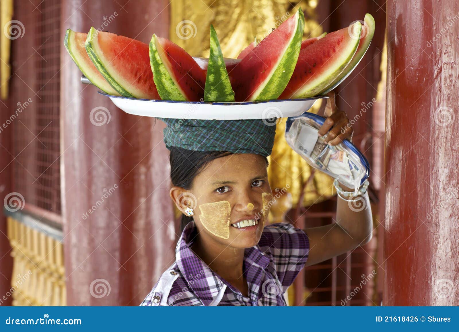 Burmese Woman Carrying Watermelon Editorial Photo Image of teeth