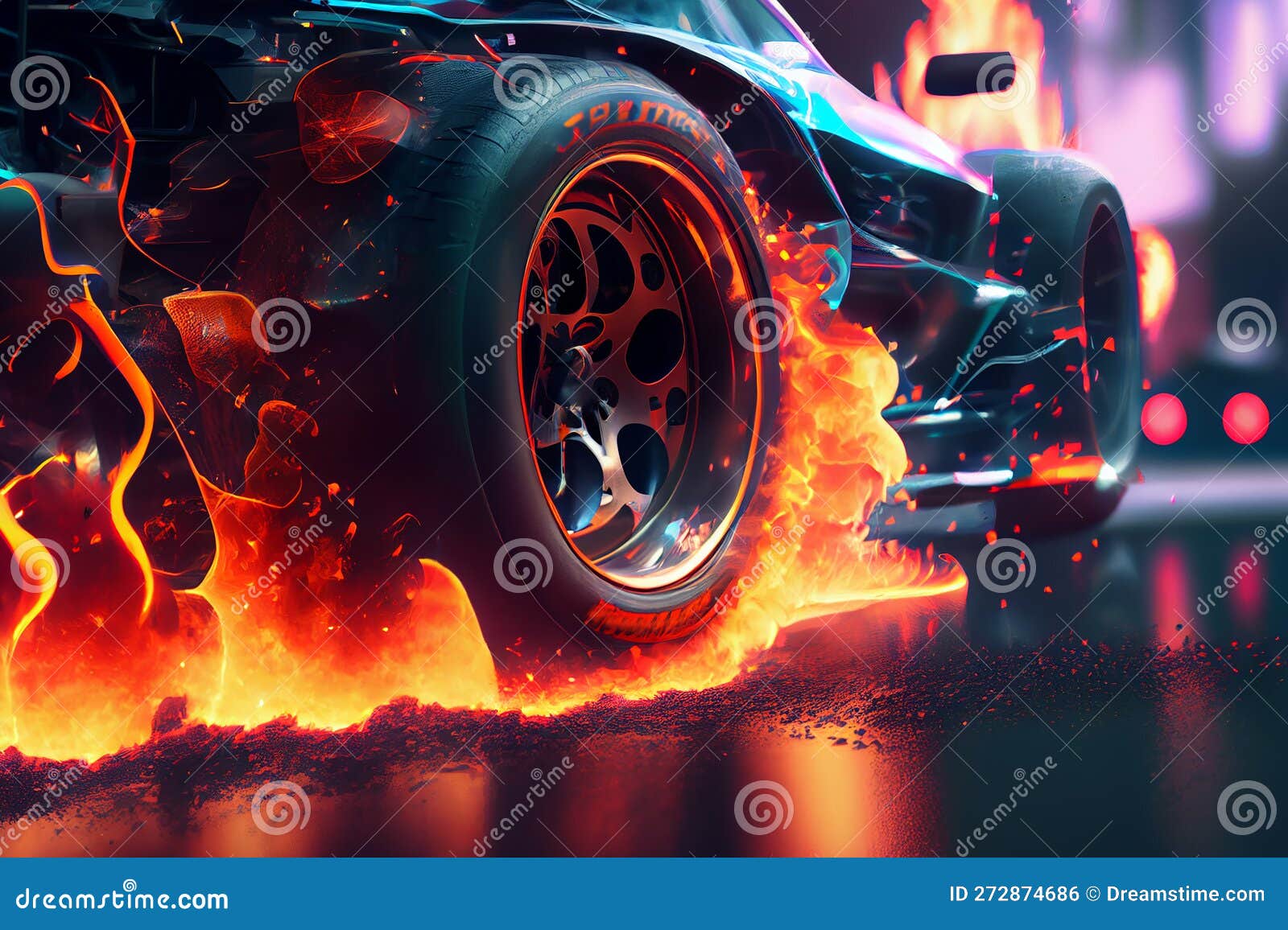 Burn Out. Car Wheel on Fire, Flames Under the Wheel of the Car Stock Illustration Illustration