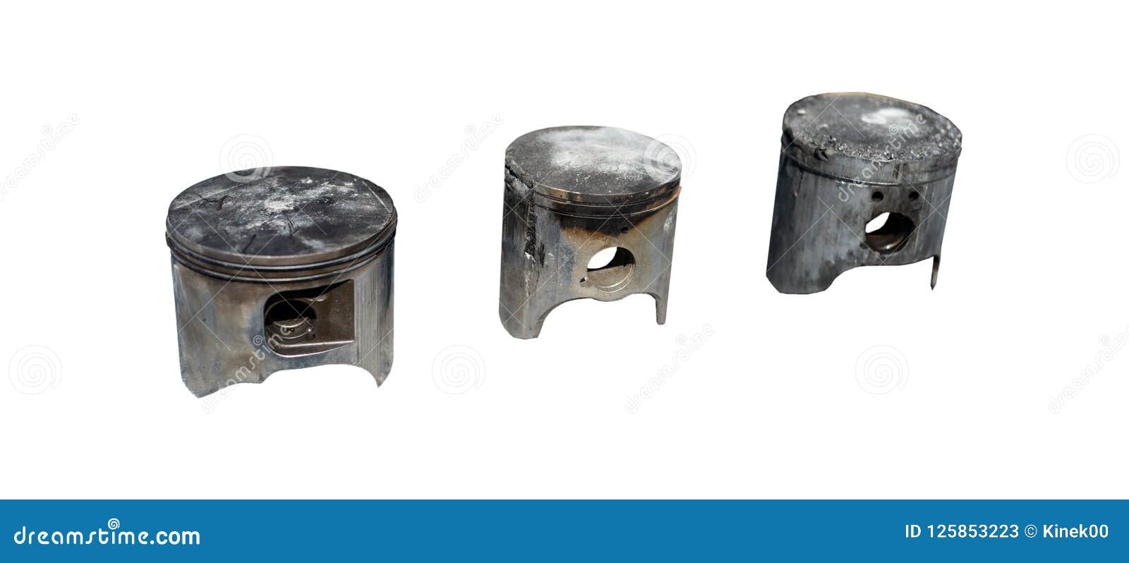 Burned, Damaged Car Pistons. Isolated on a White Background with a