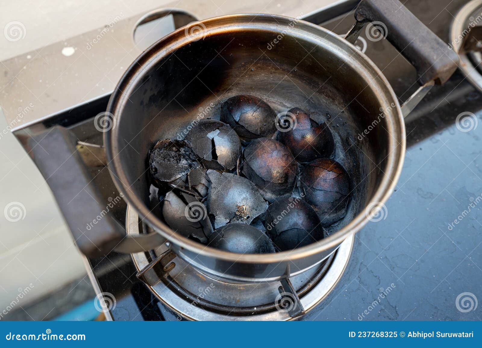 Burned Eggs in a Pot after Boiling Eggs Mistake Cooking. Burn Down