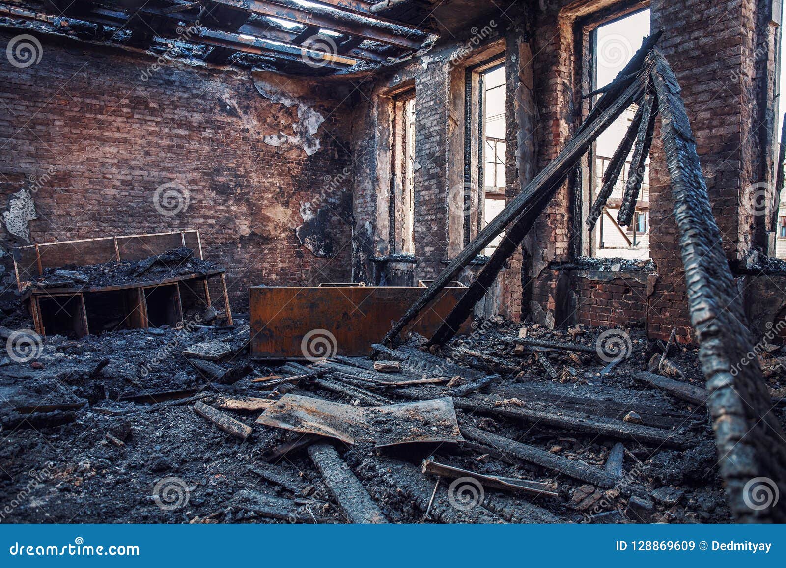 Burned House Interior after Fire, Ruined Building Room Inside, Disaster