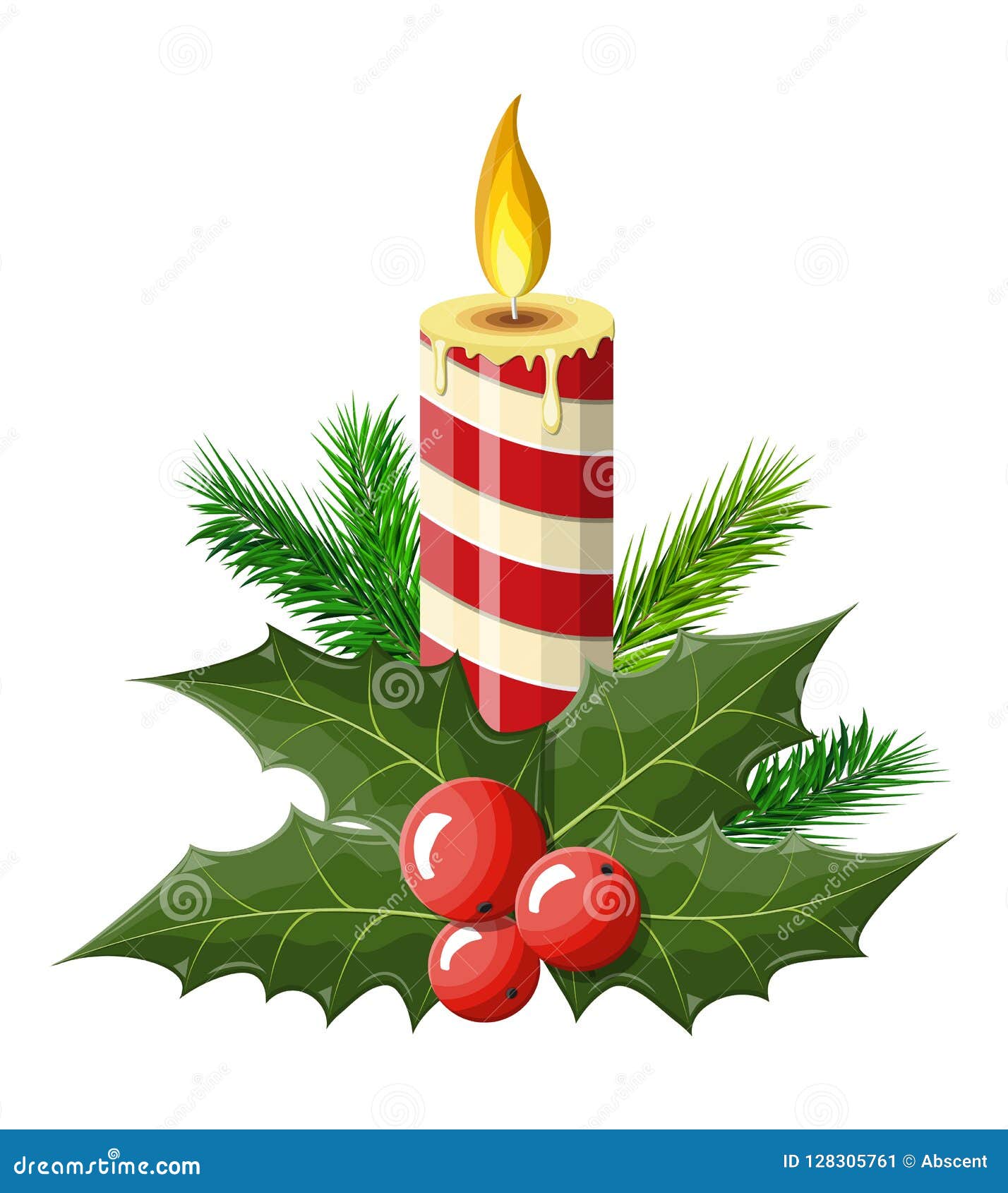 Burning Candle, Holly Leaves And Red Berries. Stock Vector