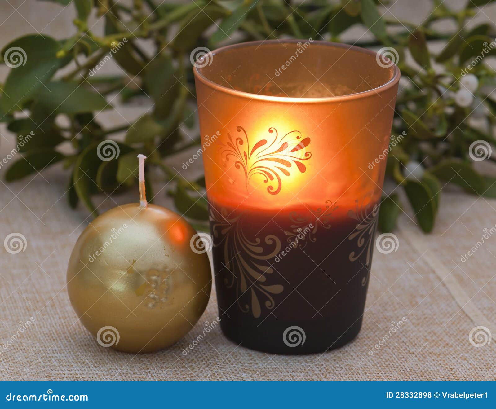 Burning Candle and Mistletoe Stock Photo Image of tablecloth, blaze