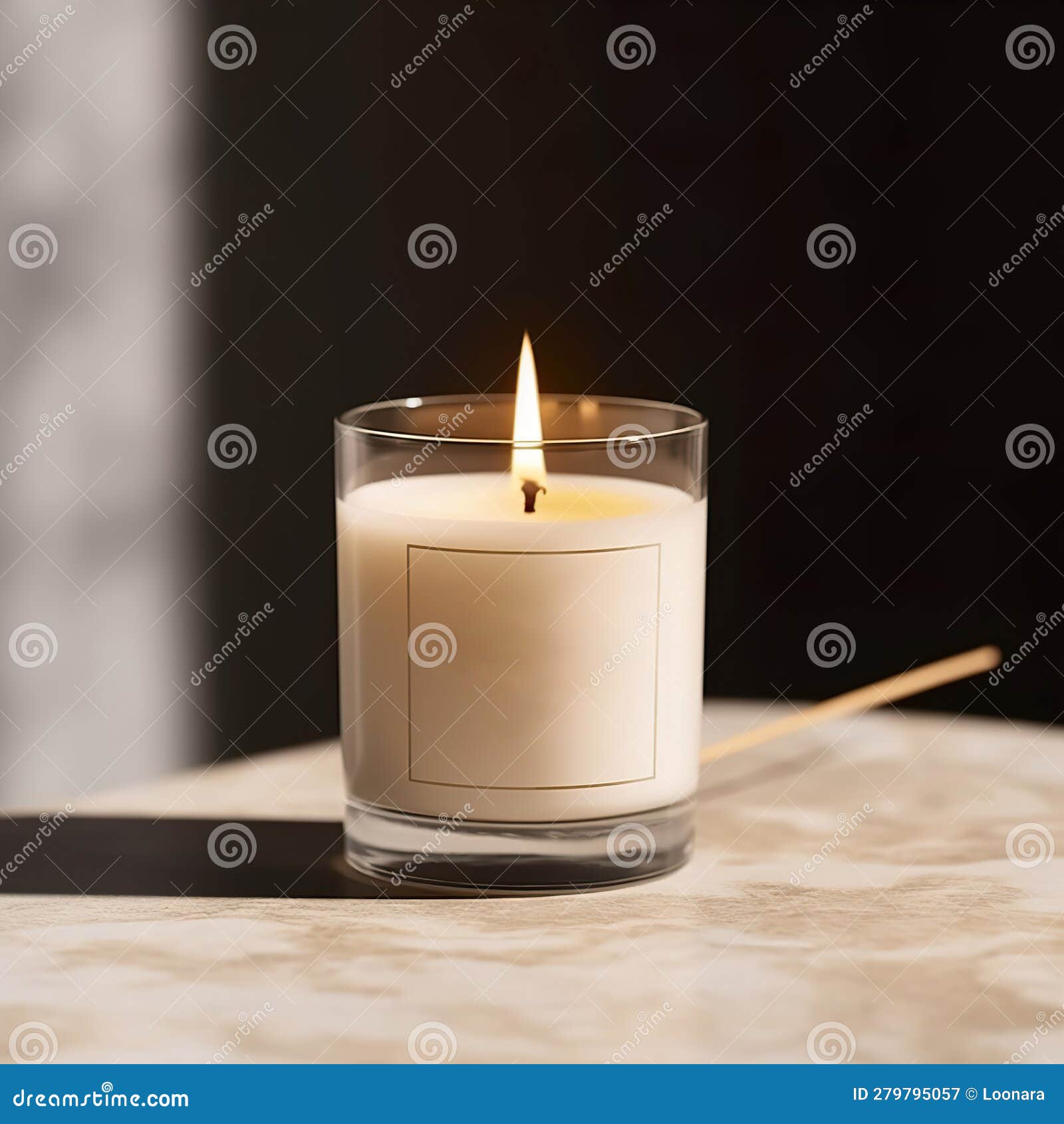 Burning Candle Mockup, Front View of Glass Candle Jar on Studio