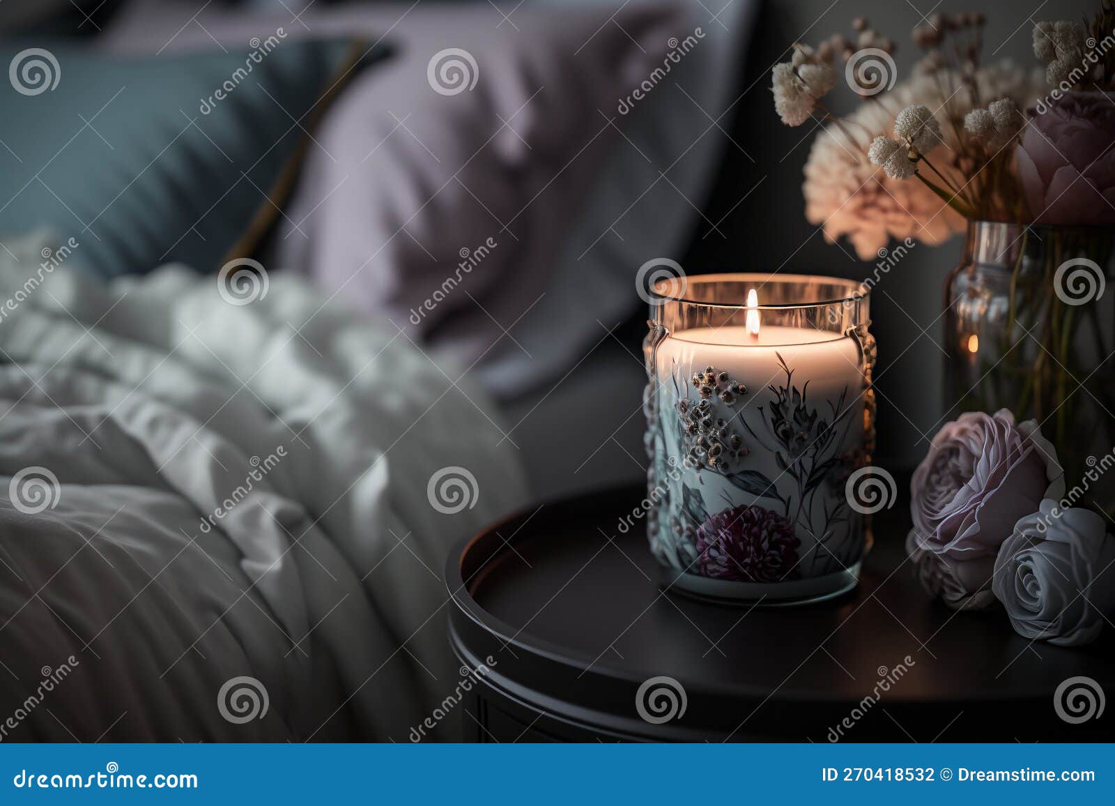 Burning Candle Night Light Near the Bed Illustration Generative AI