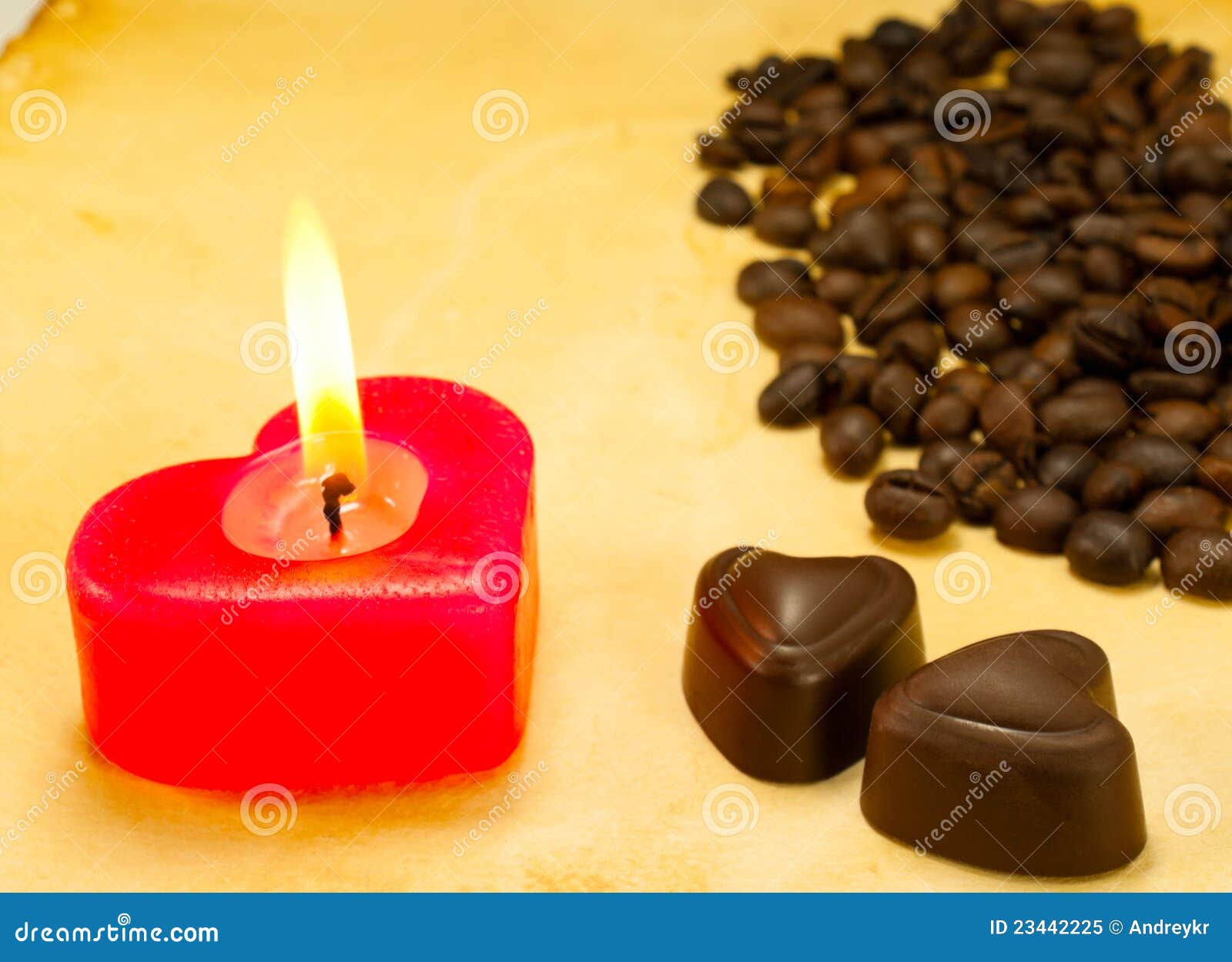 Burning Candle, Two Heart Shaped Candies And Cofee Stock Image Image