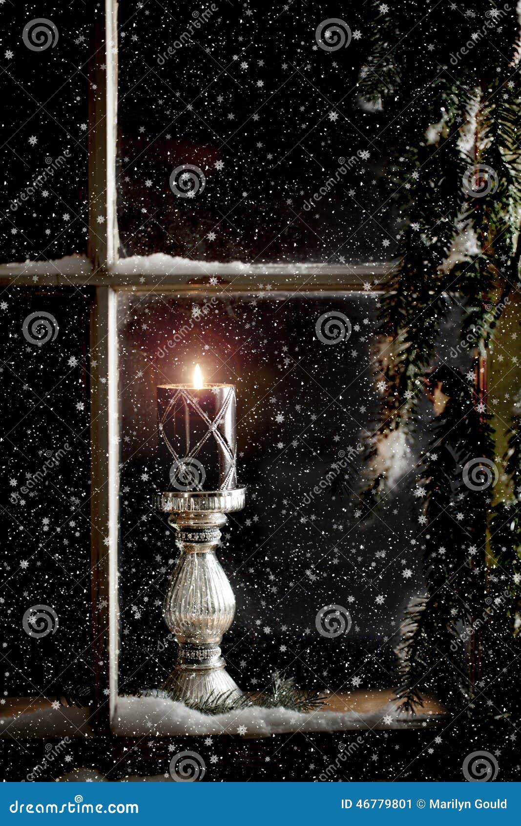 Burning Candle in Window stock image. Image of dark, snow 46779801
