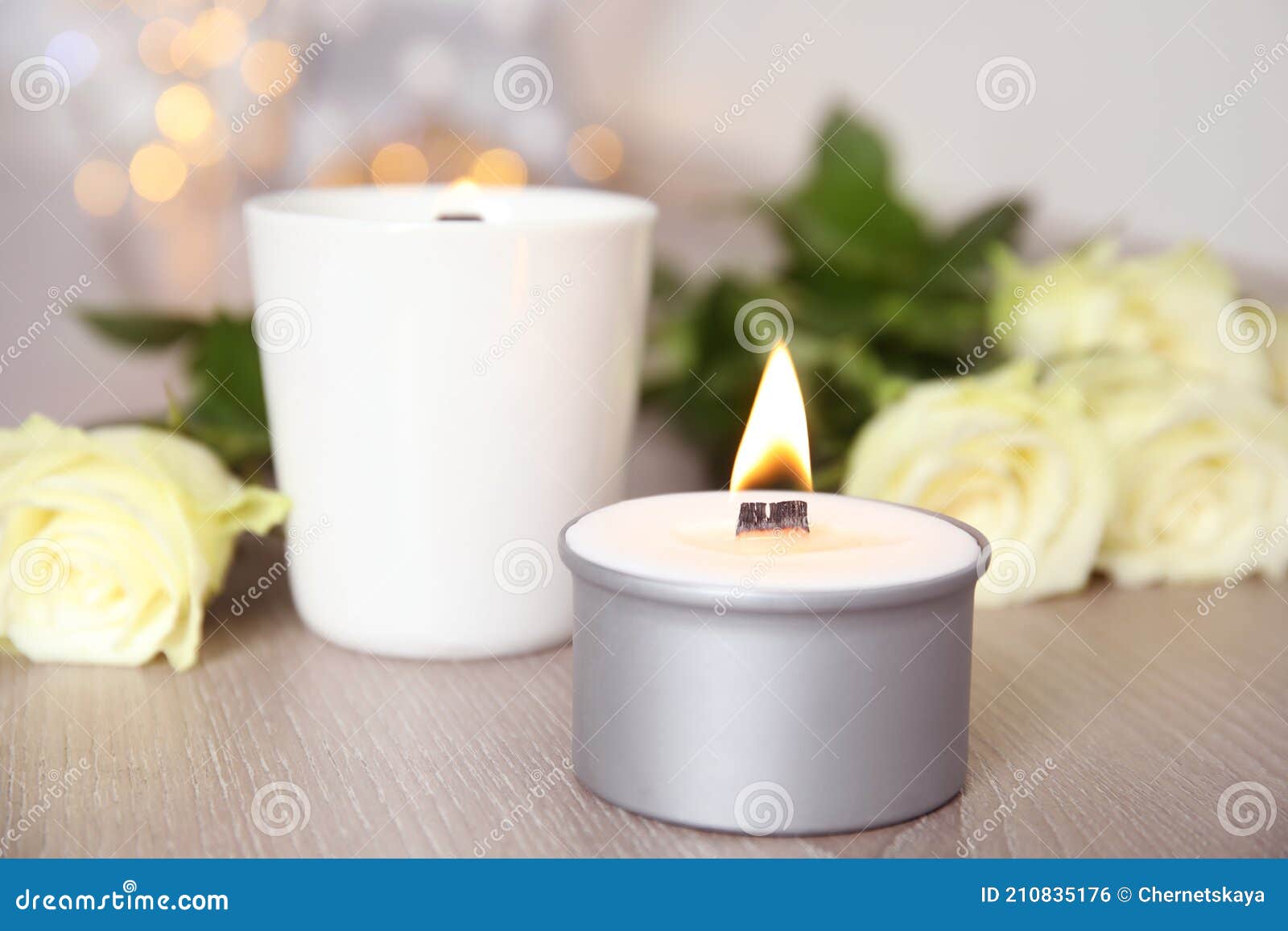 Burning Candle with Wooden Wick on Table Stock Photo Image of