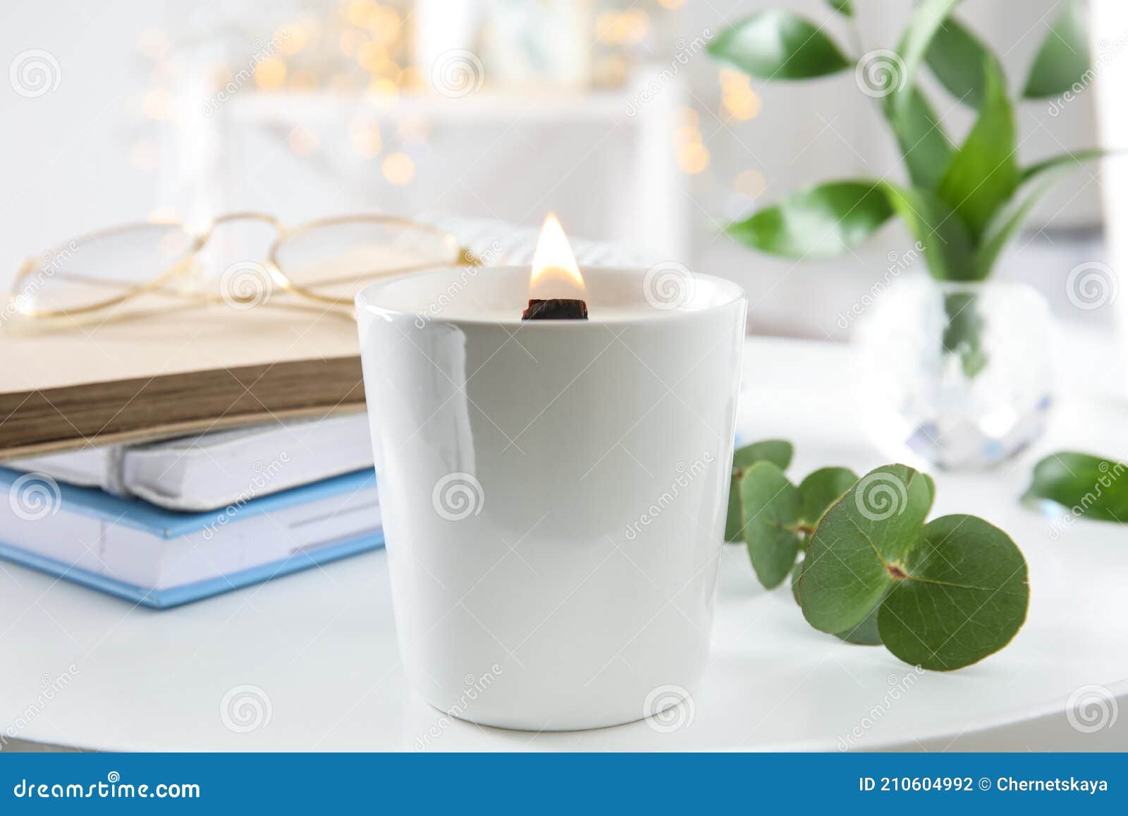 Burning Candle with Wooden Wick on White Table Stock Photo Image of