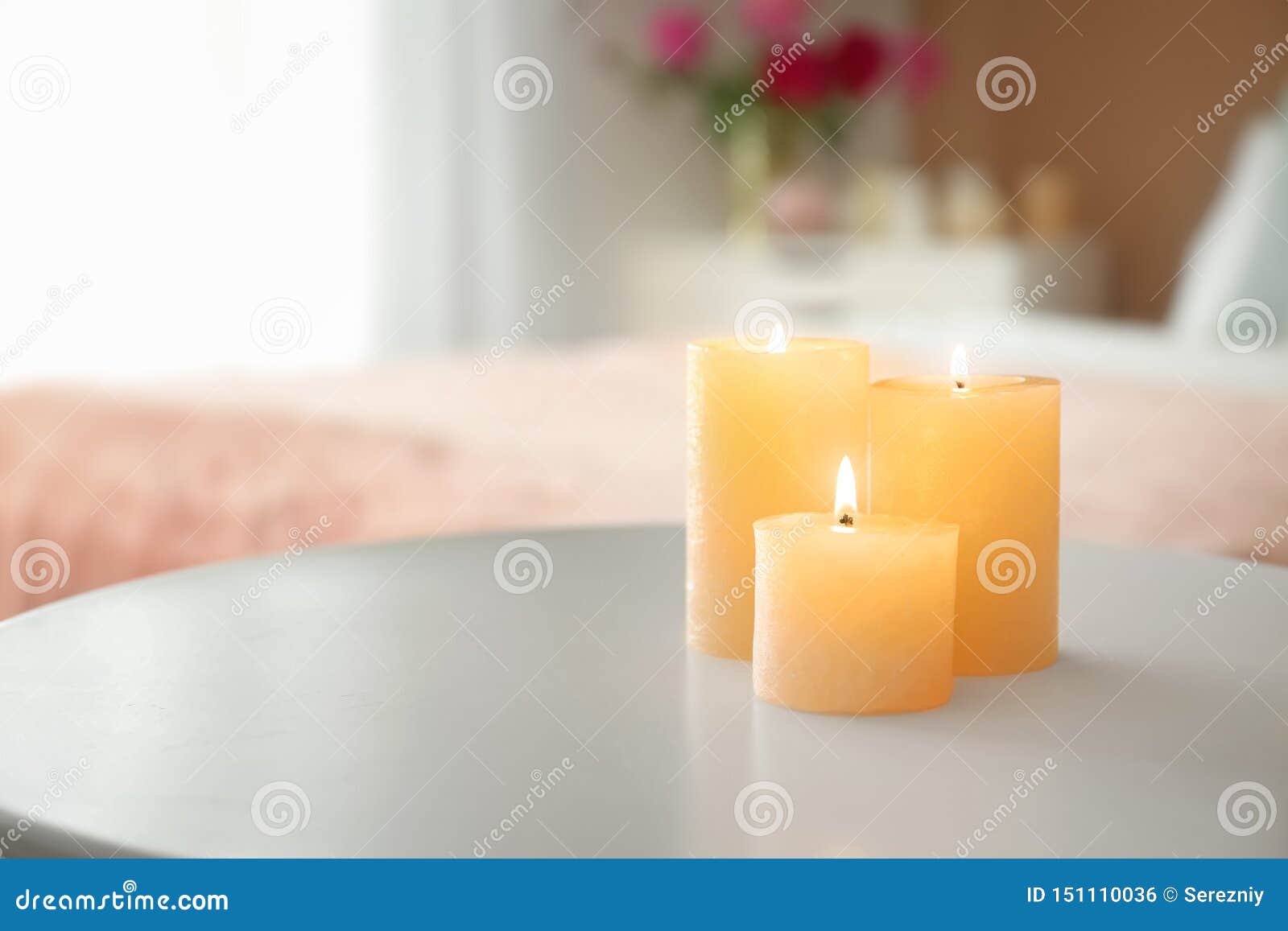 Burning Candles on Table Indoors Stock Photo Image of home, interior